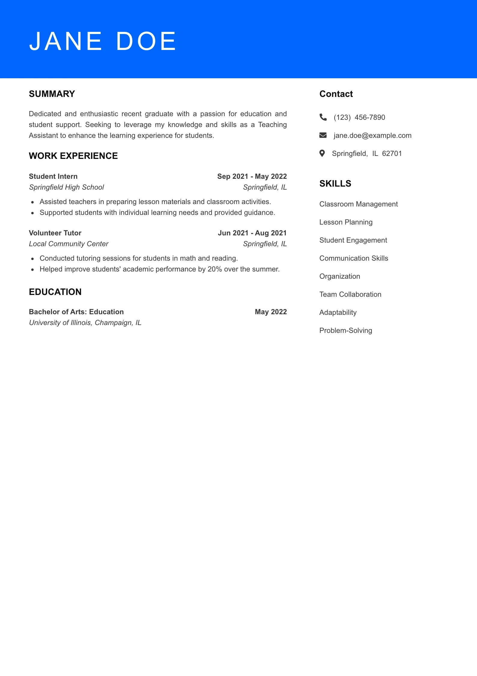 Entry Level Resume Preview