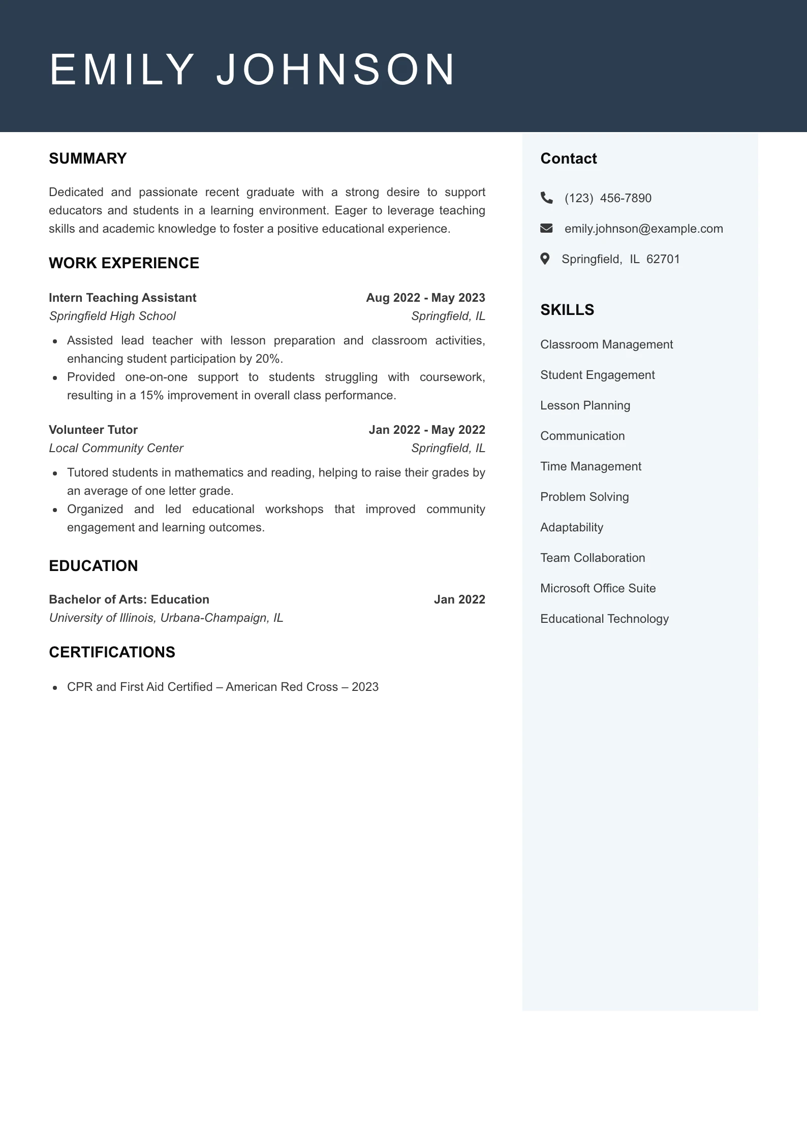 Entry Level Teaching Assistant Resume Example
