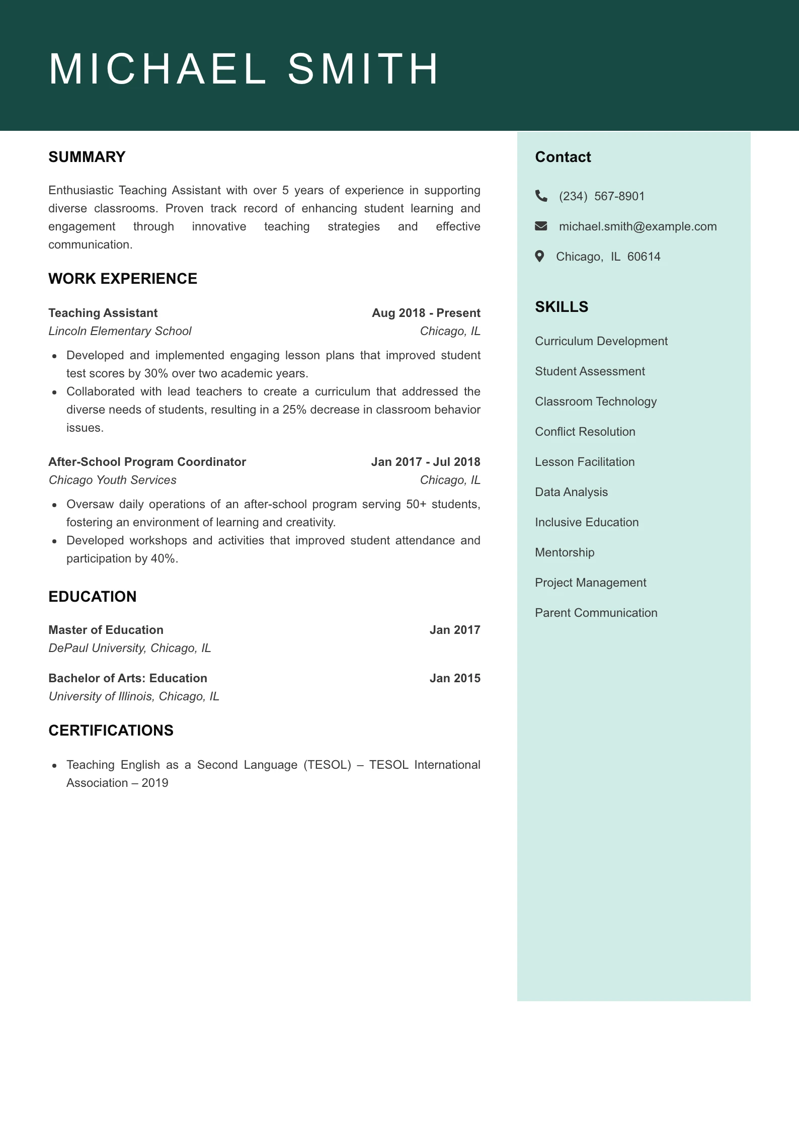 Mid Level Teaching Assistant Resume Example
