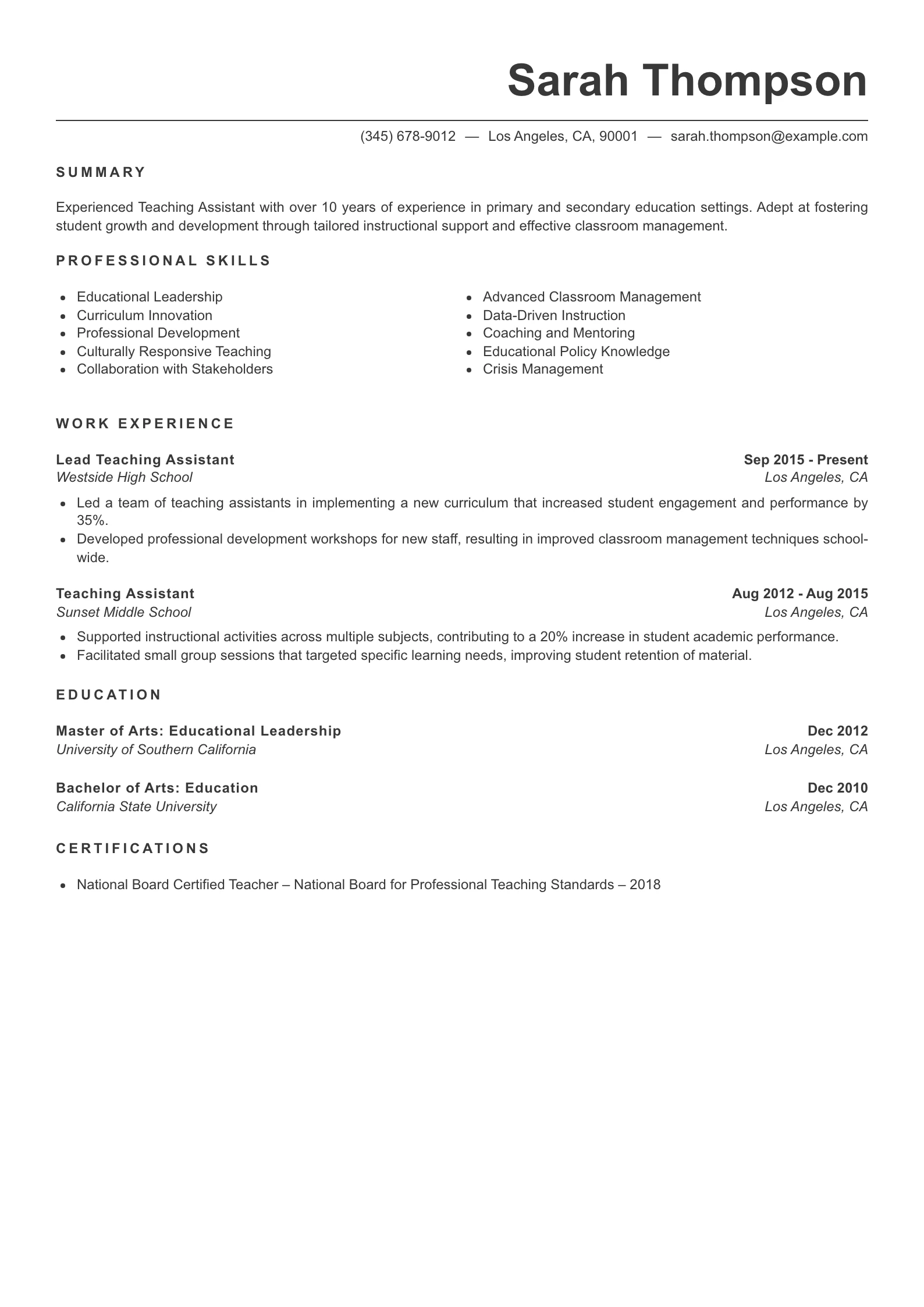 Senior Level Teaching Assistant Resume Example