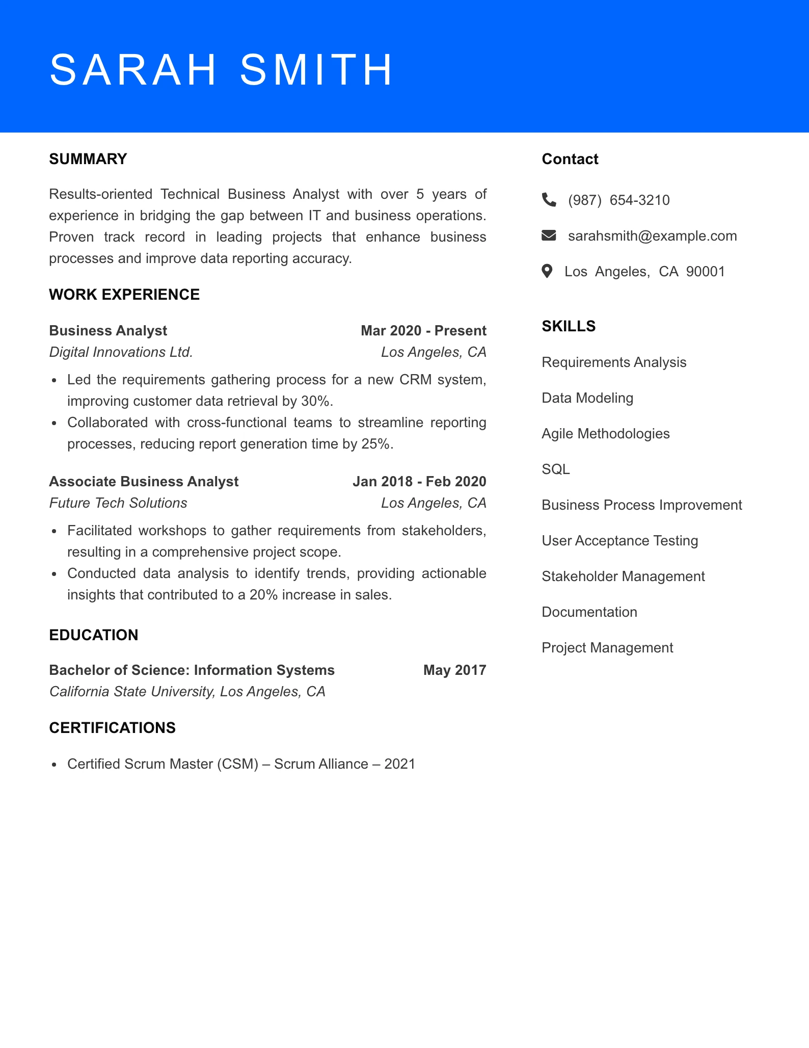 Mid Level Technical Business Analyst Resume Sample