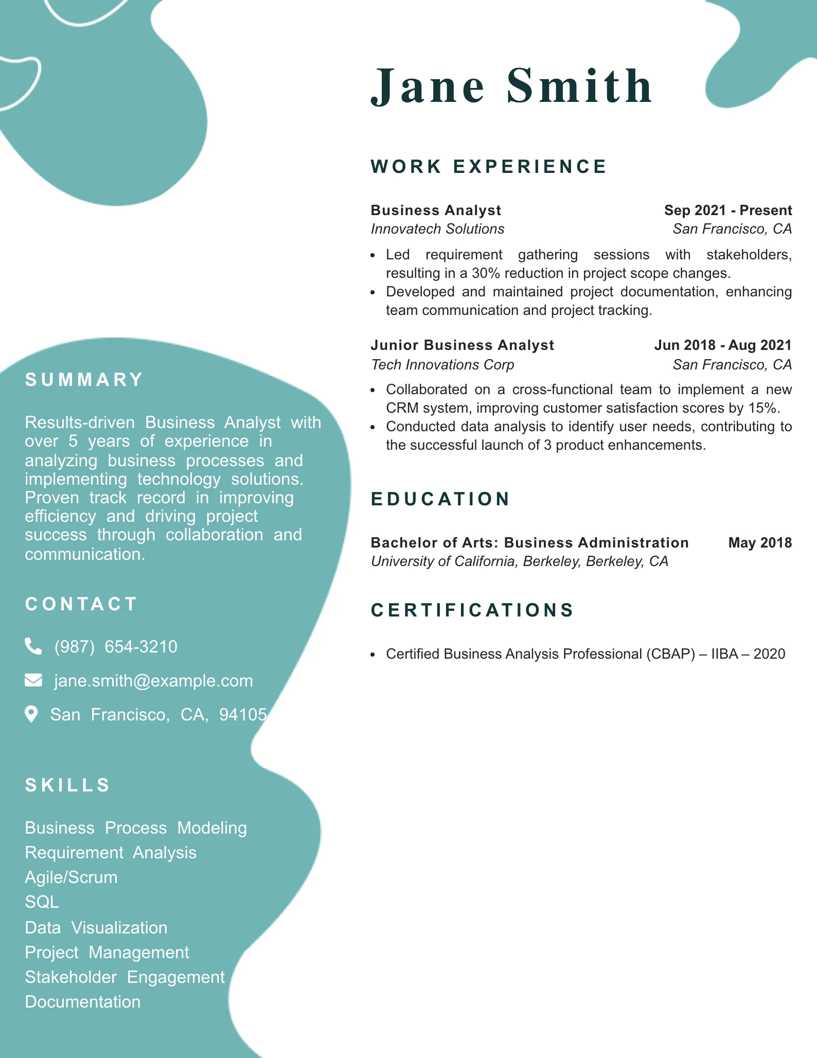 Mid Level Technical Business Analyst Resume Example