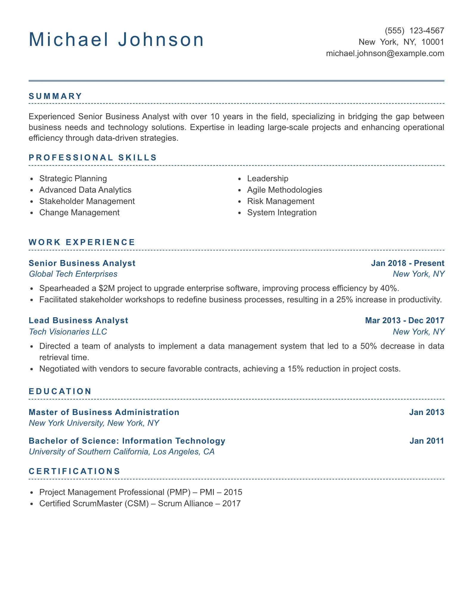 Senior Level Technical Business Analyst Resume Example