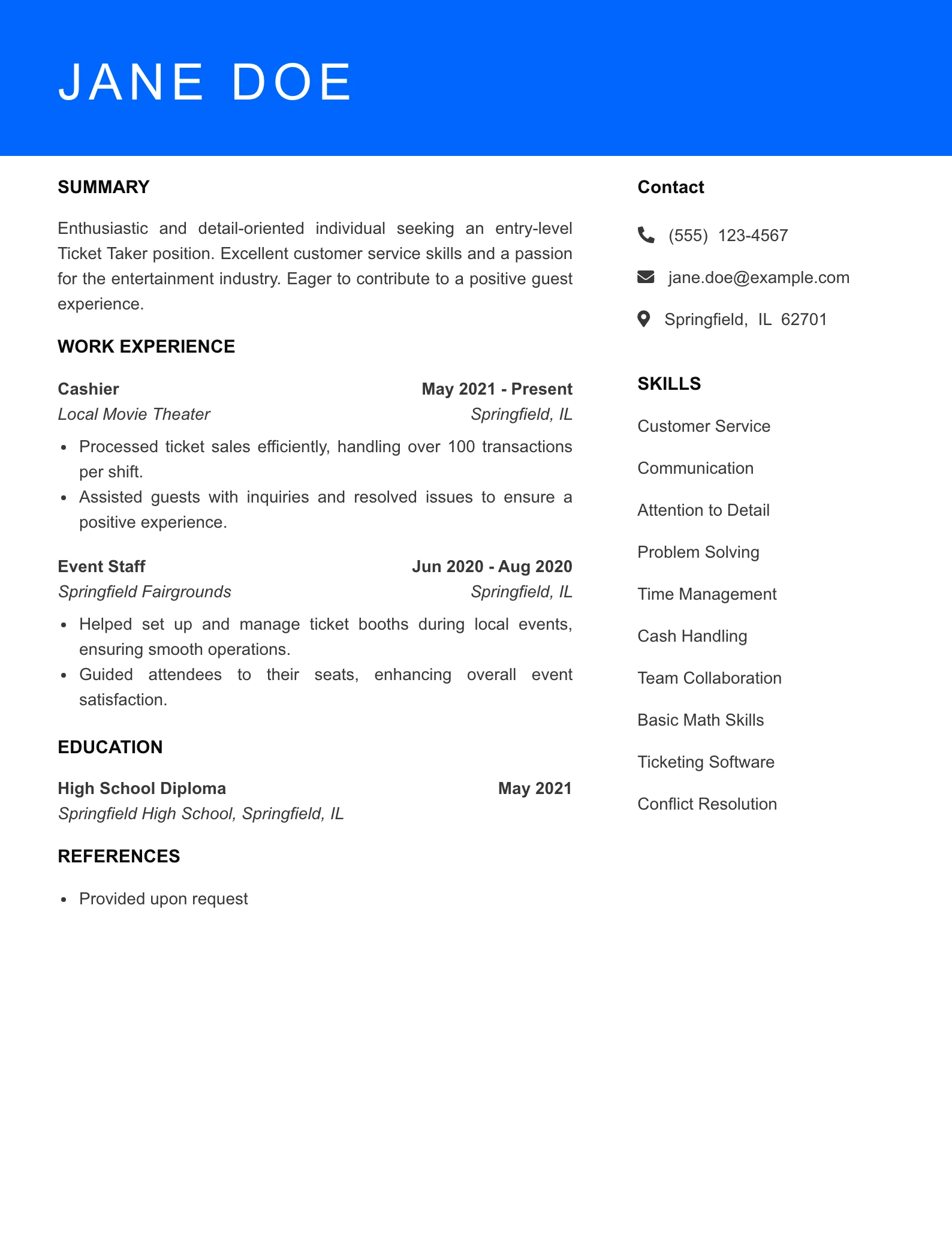 Selected Ticket Taker Resume