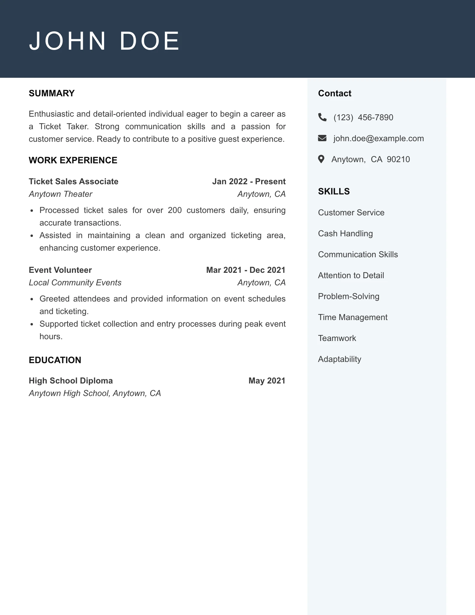Entry Level Ticket Taker Resume Example