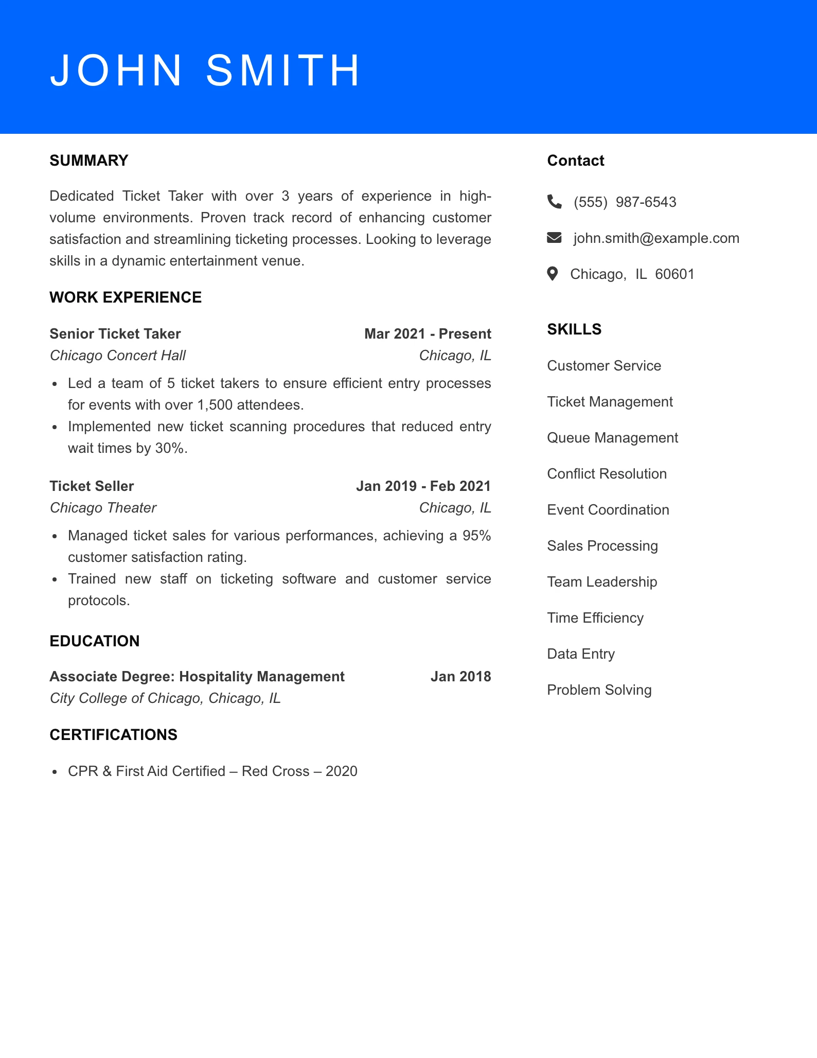 Mid Level Ticket Taker Resume Sample
