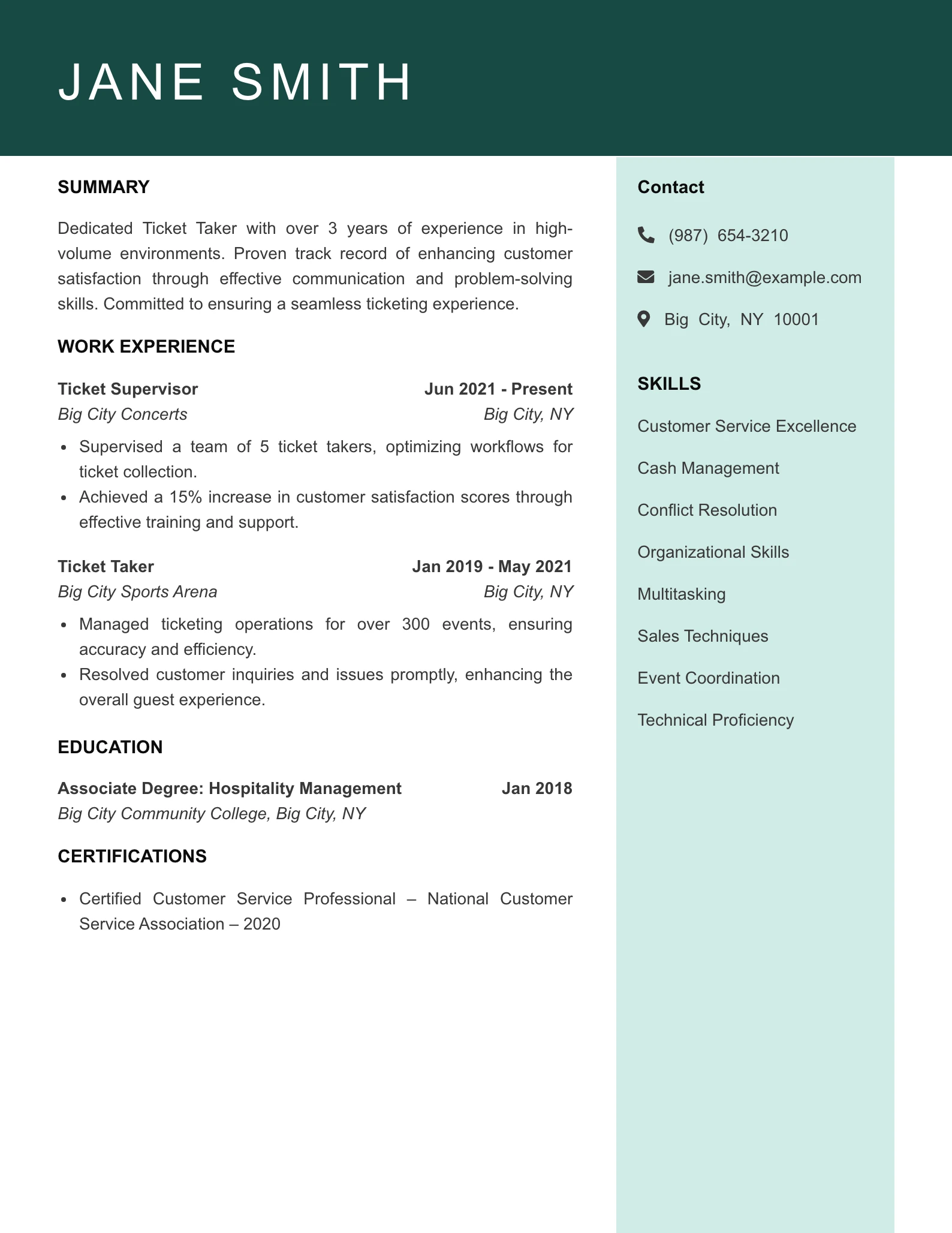 Mid Level Ticket Taker Resume Example
