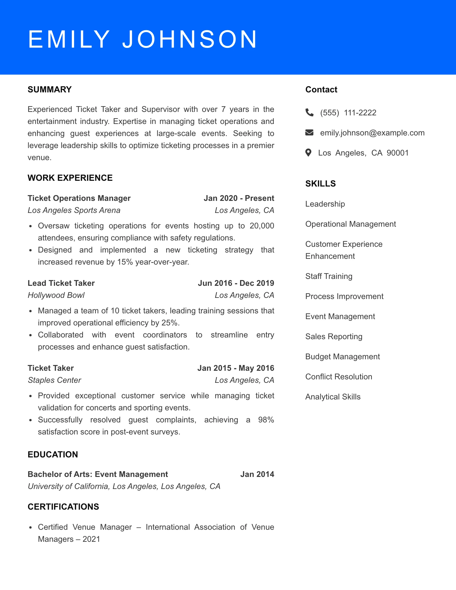 Senior Level Ticket Taker Resume Sample