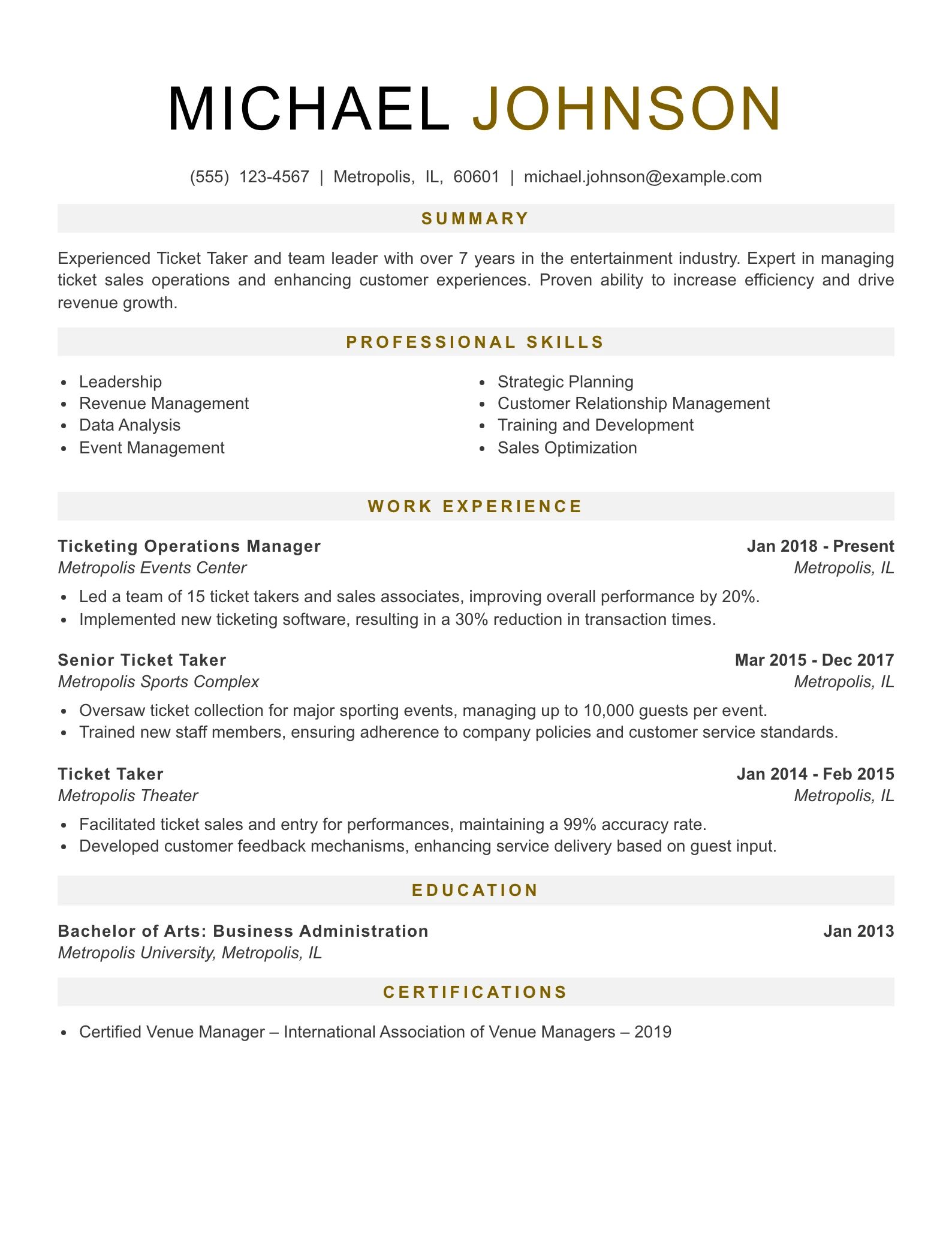 Senior Level Ticket Taker Resume Example