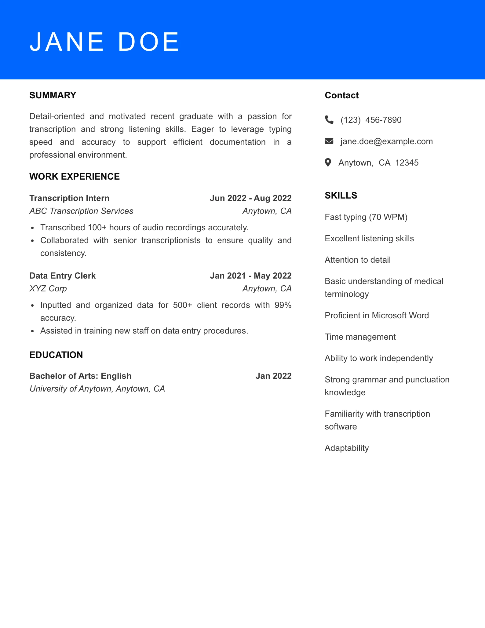 Selected Transcriptionist Resume