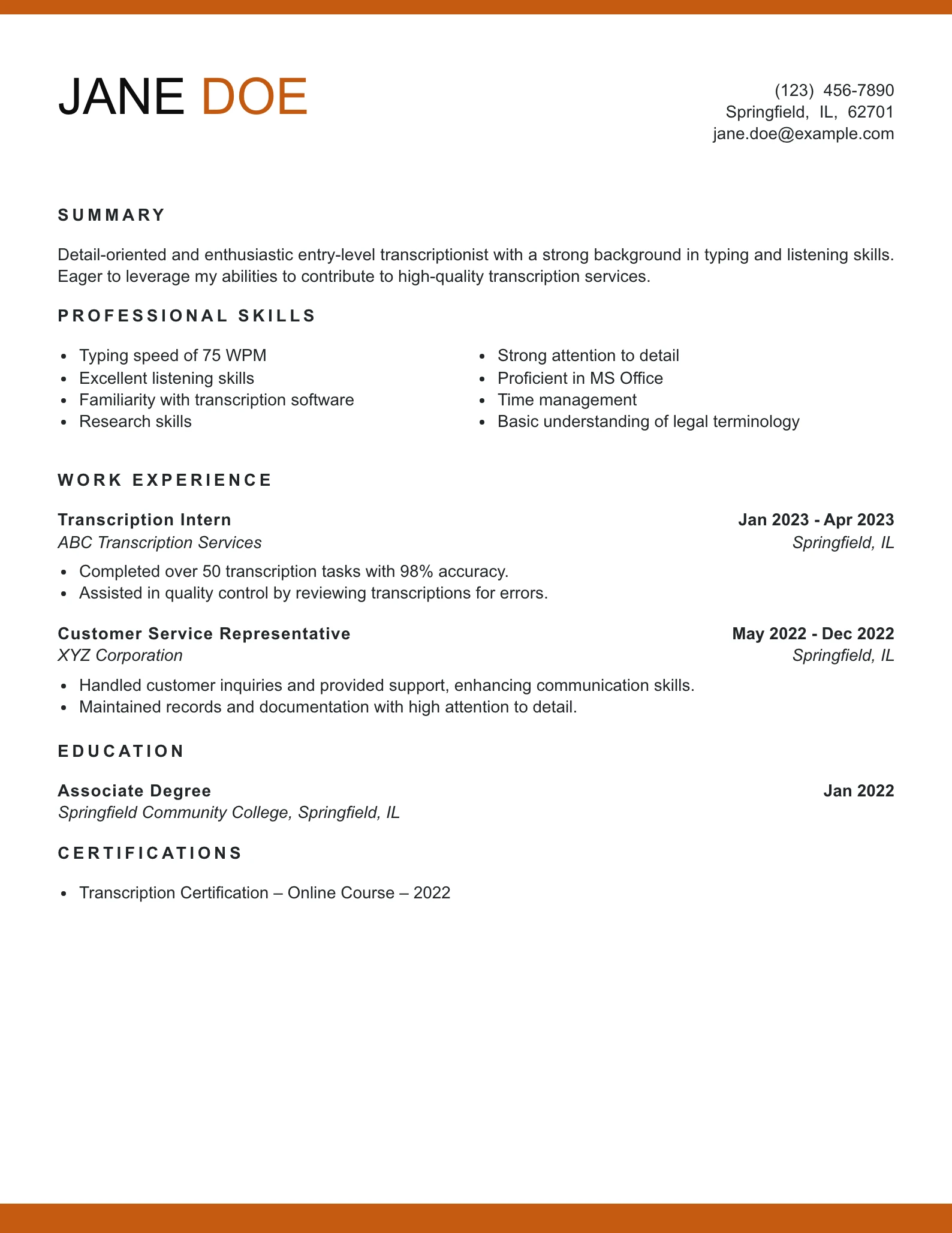 Entry Level Transcriptionist Resume Example