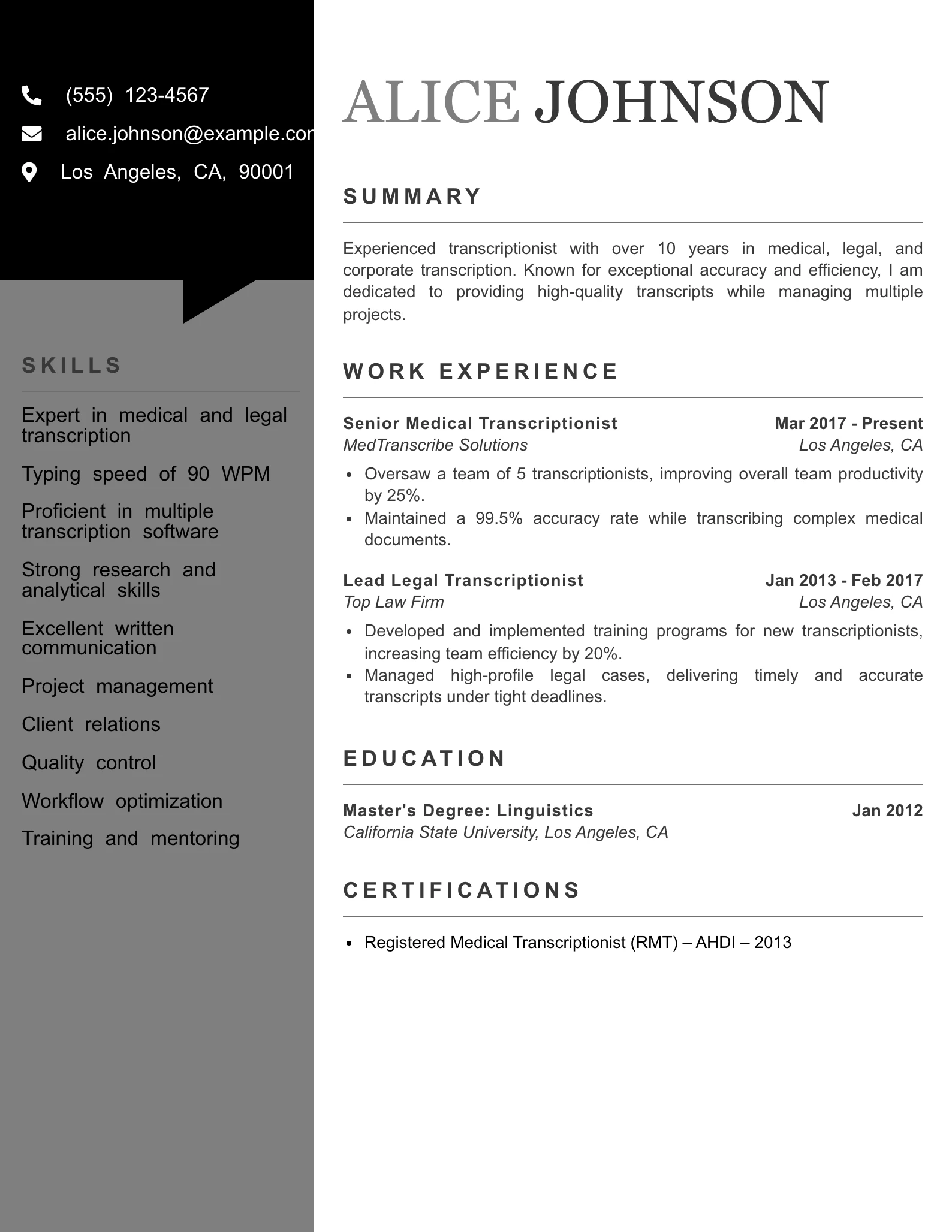 Senior Level Transcriptionist Resume Example