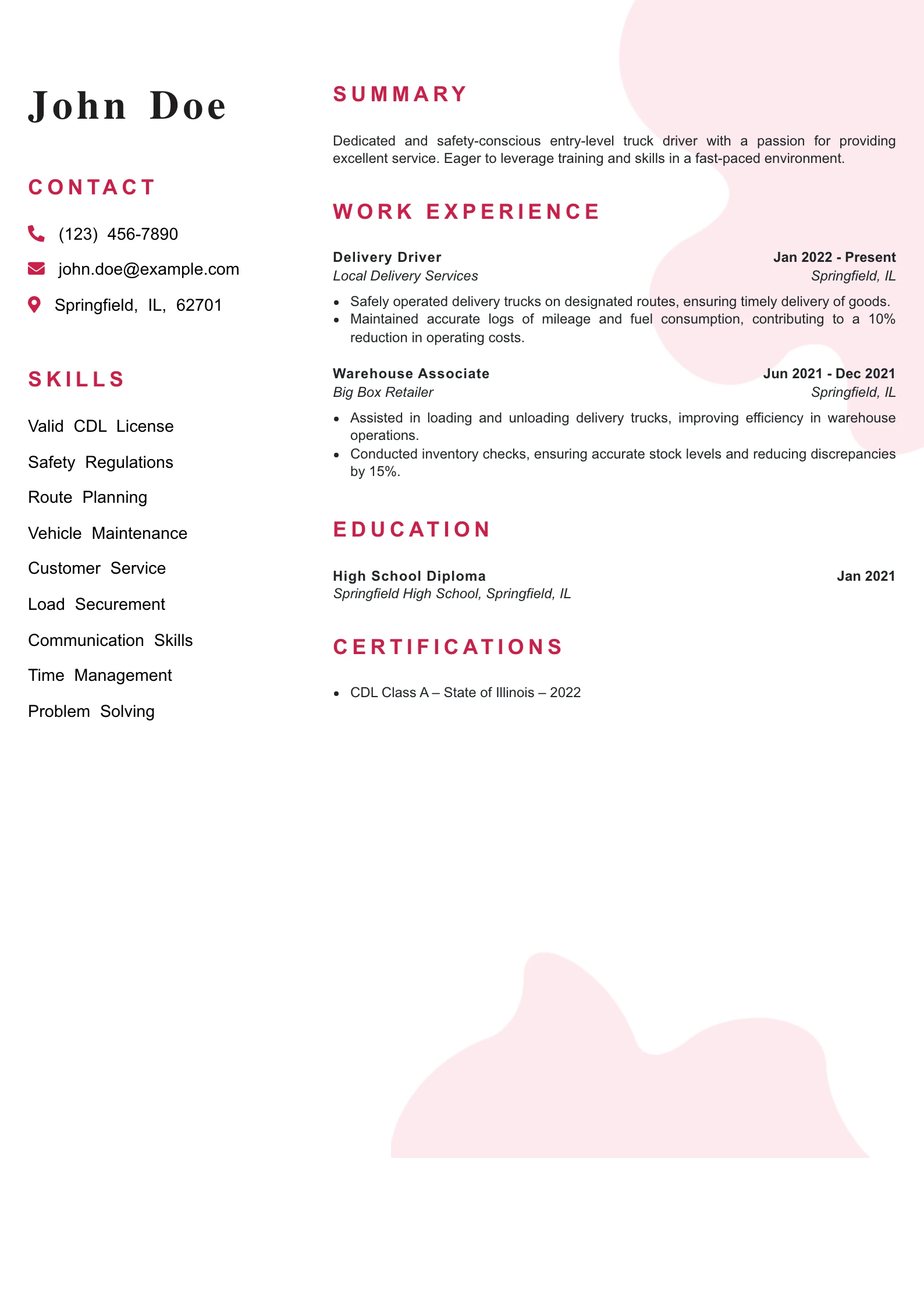 Entry Level Truck Driver Resume Example