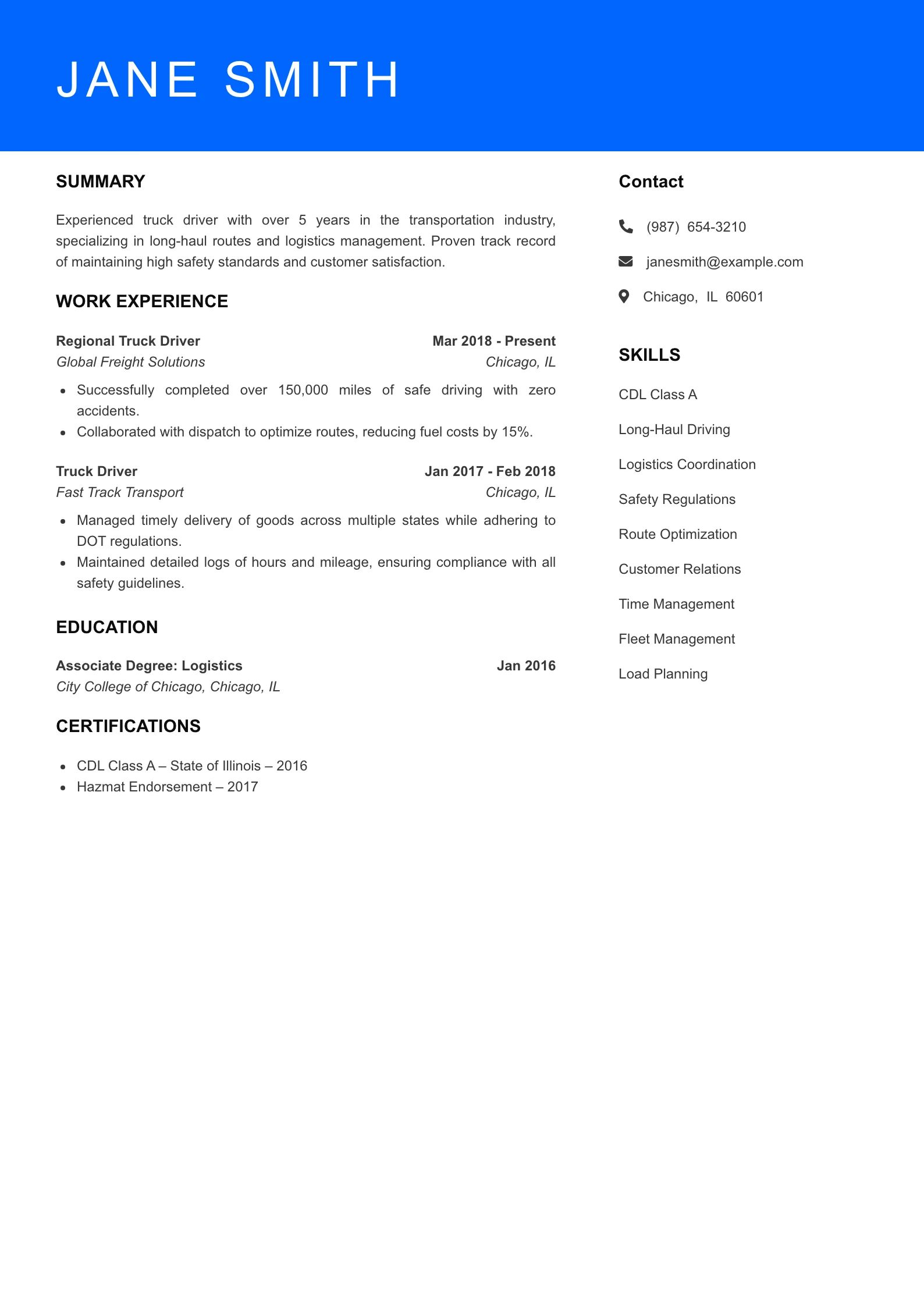 Mid Level Truck Driver Resume Sample