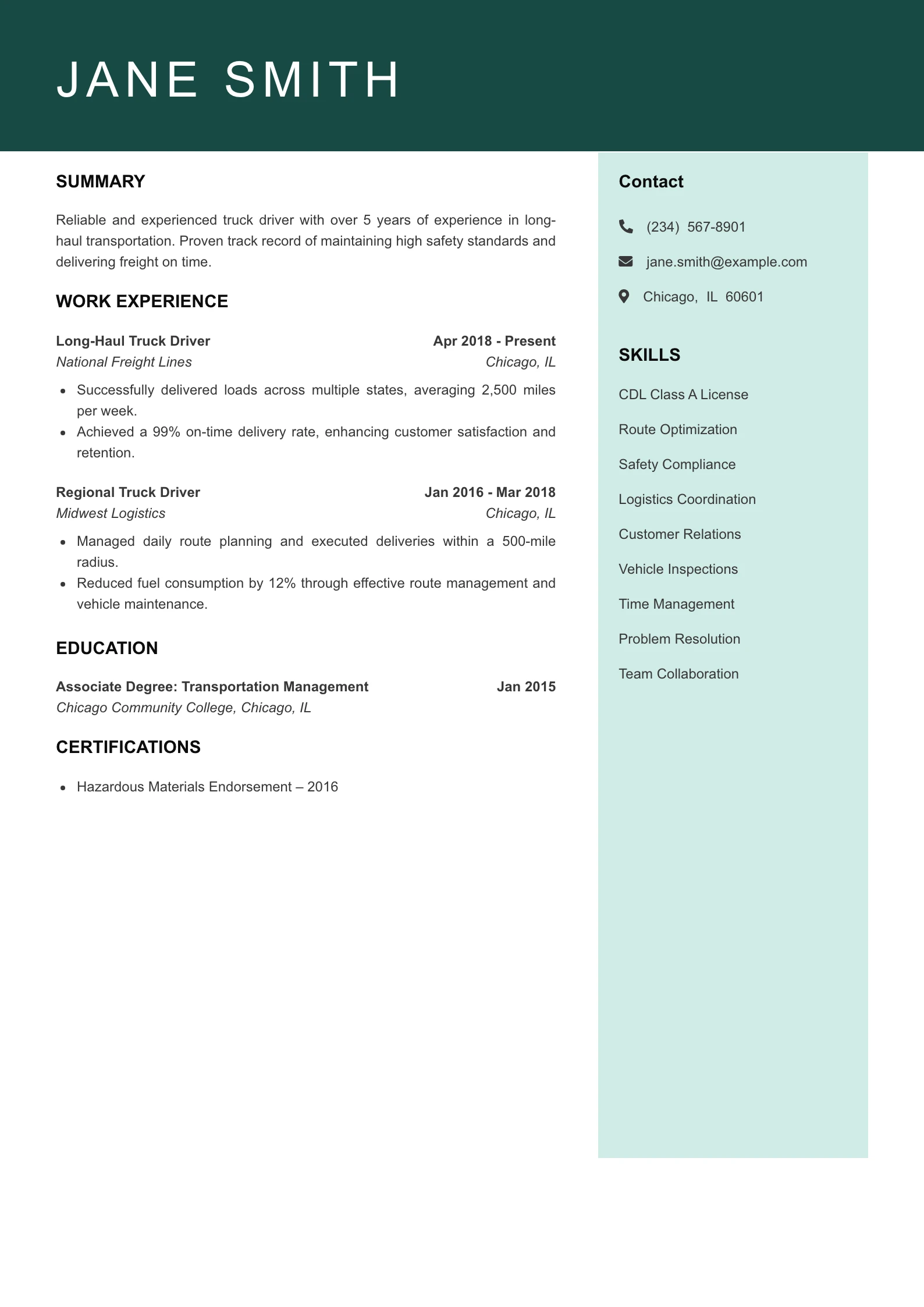 Mid Level Truck Driver Resume Example