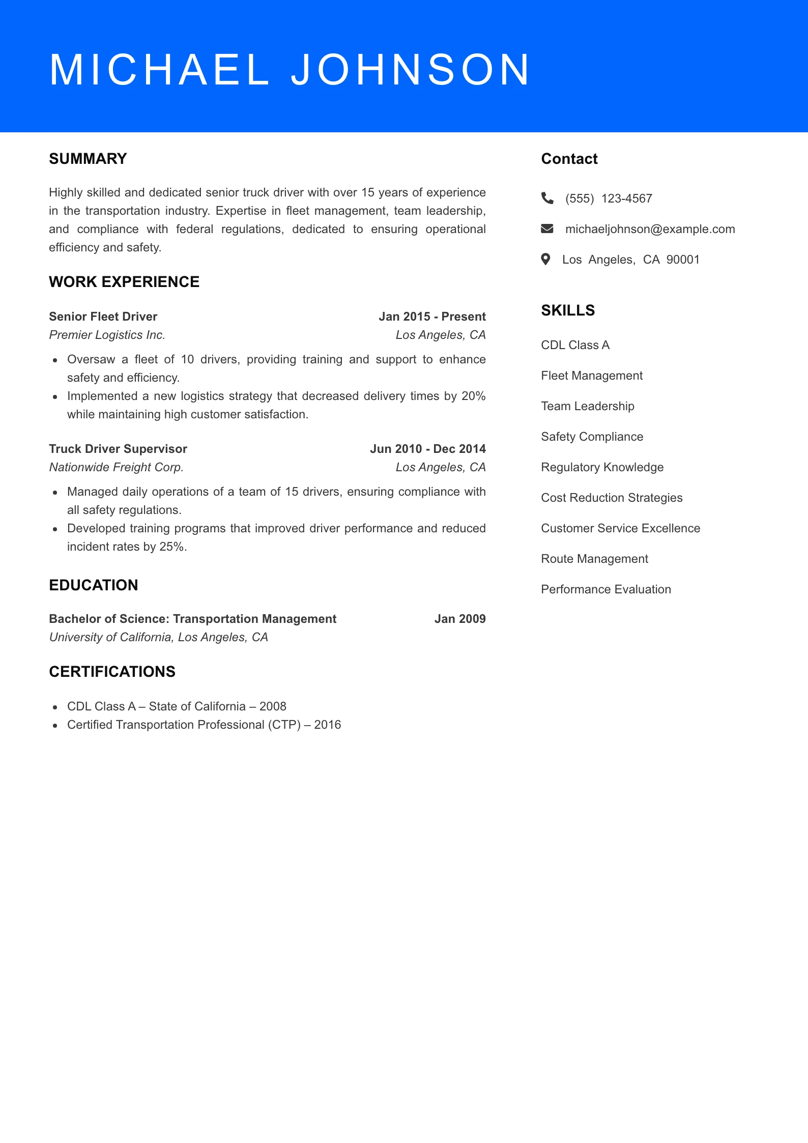 Senior Level Truck Driver Resume Sample