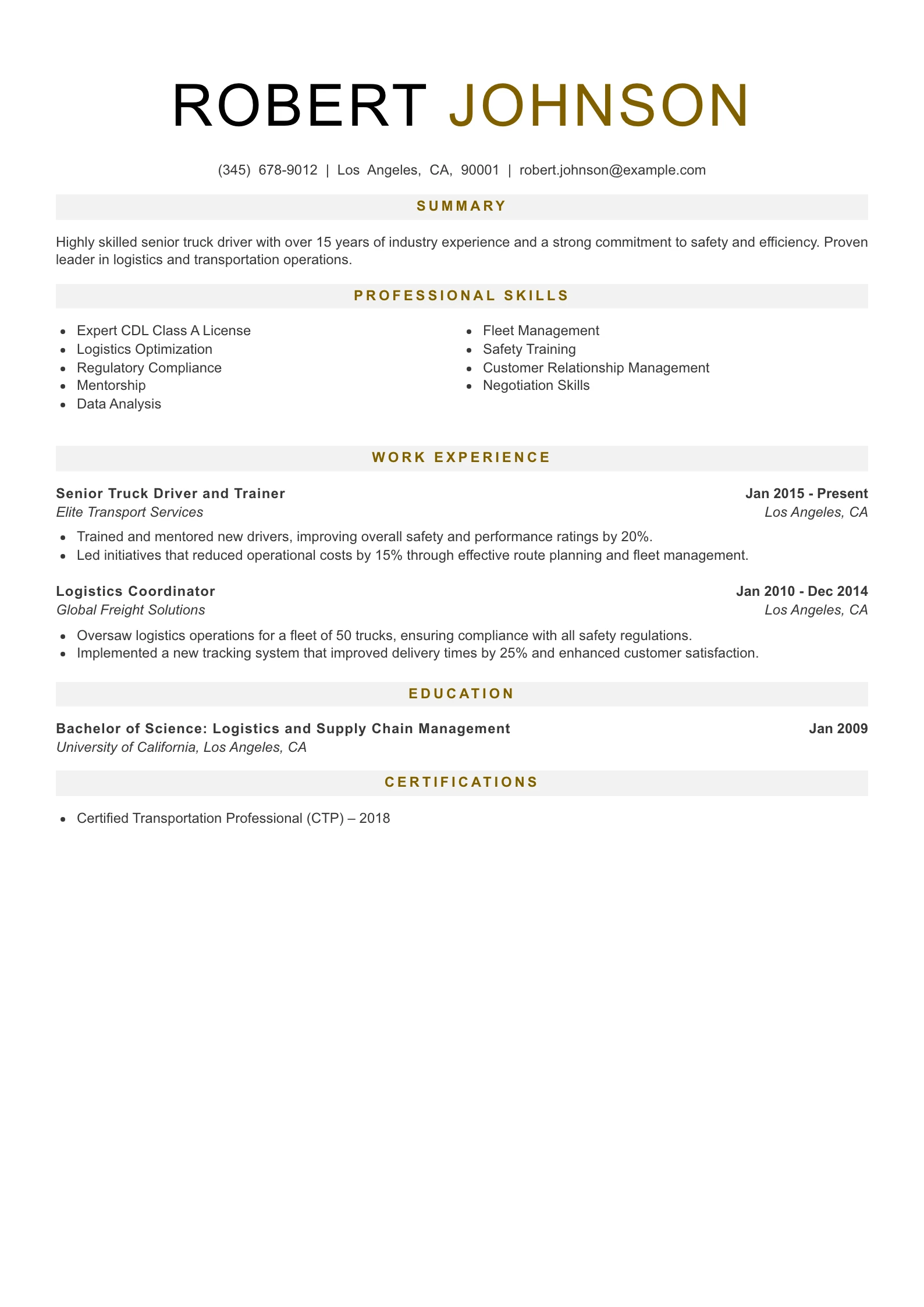 Senior Level Truck Driver Resume Example