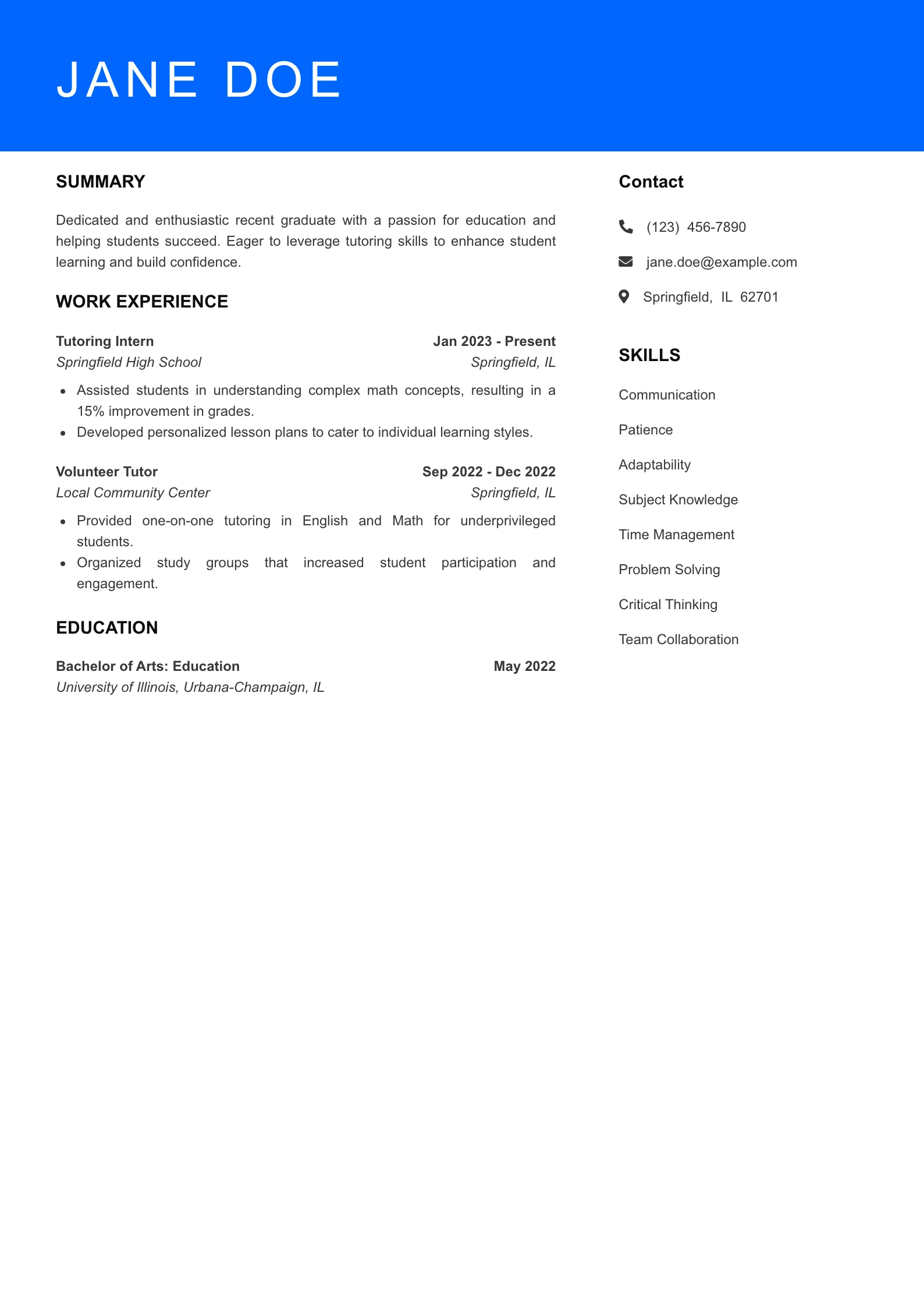 Selected Tutor Resume