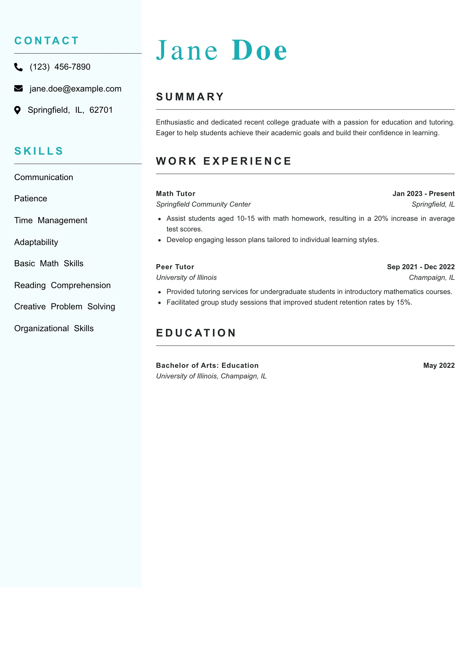 Entry Level Tutor Resume Example