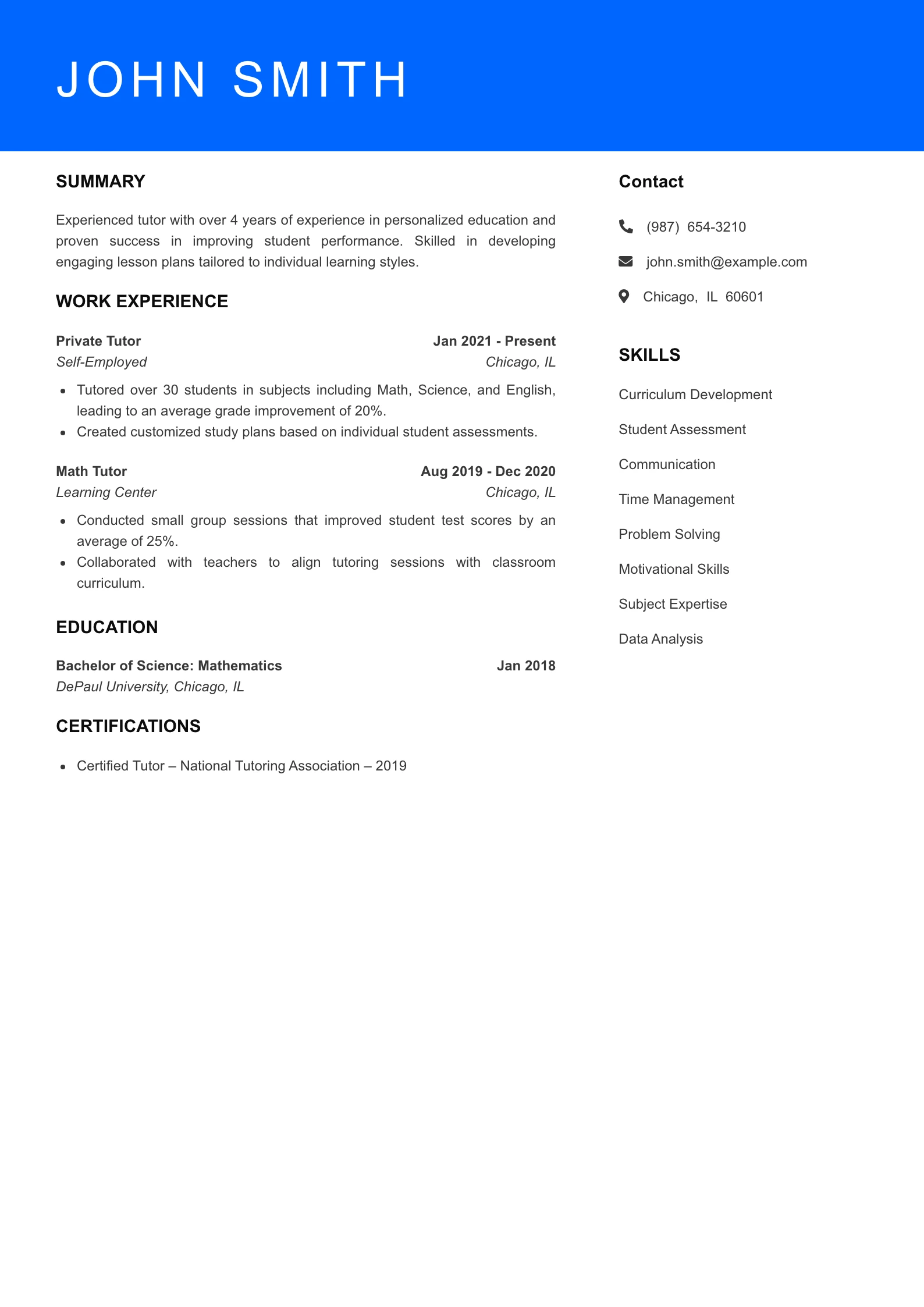 Mid Level Tutor Resume Sample
