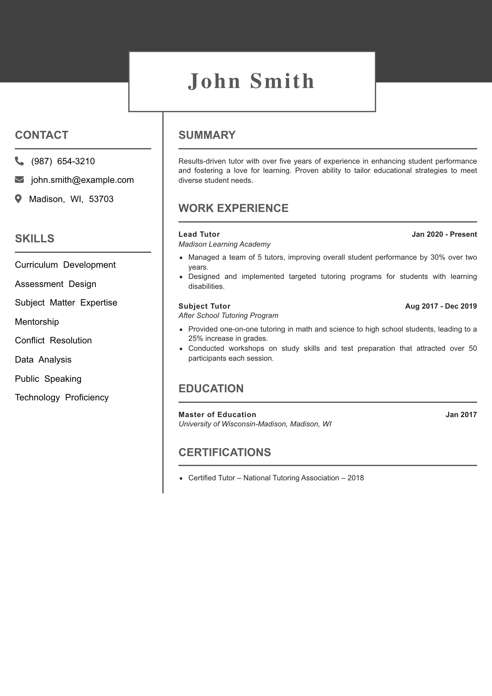 Mid Level Tutor Resume Example