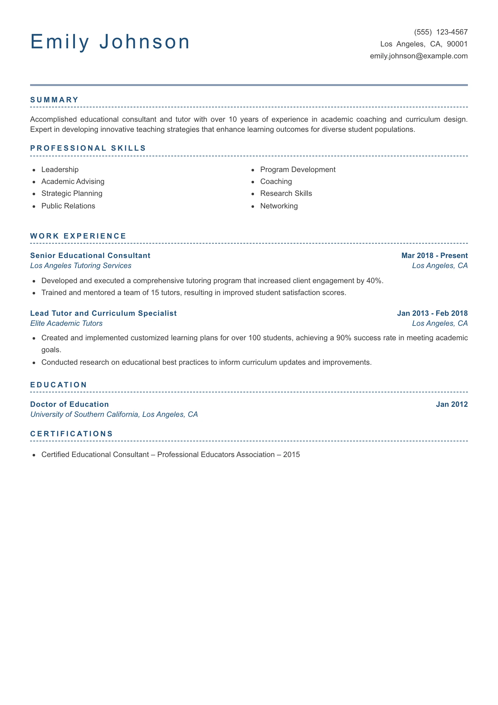 Senior Level Tutor Resume Example