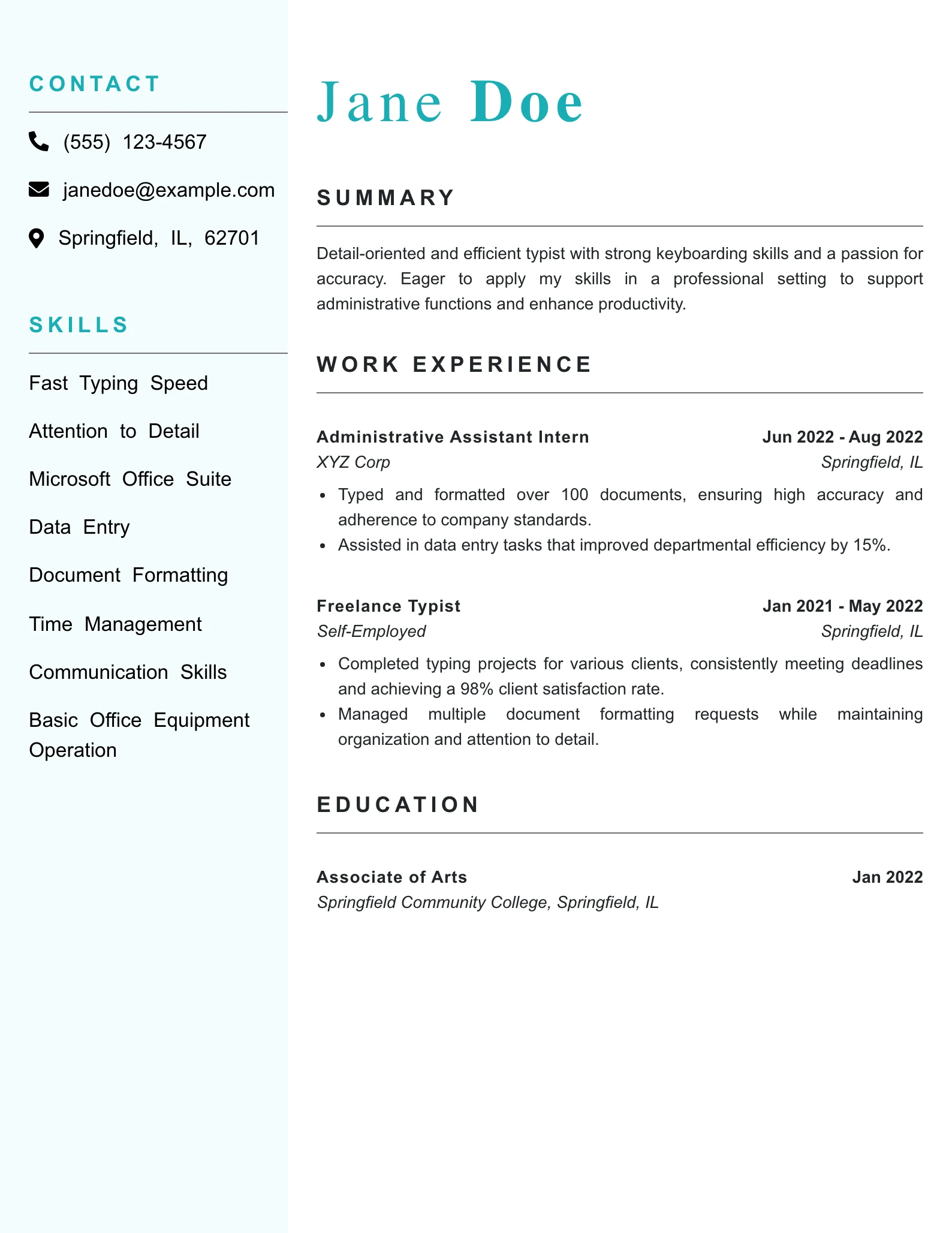 Entry Level Typist Resume Example