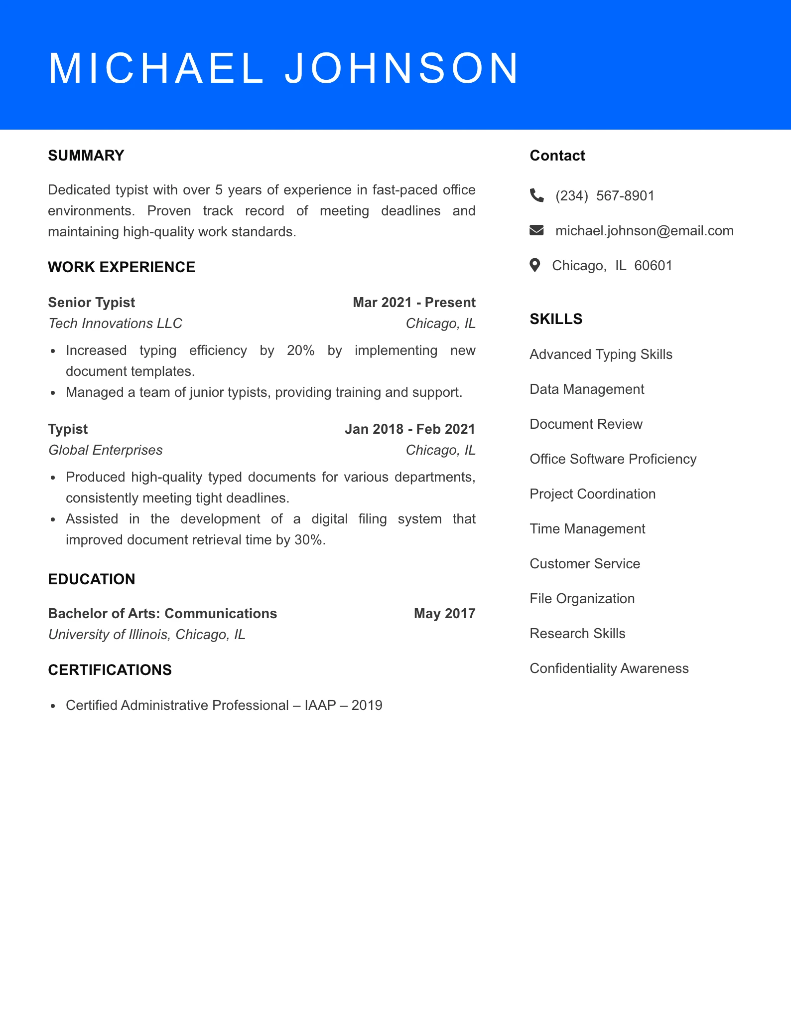 Mid Level Typist Resume Sample