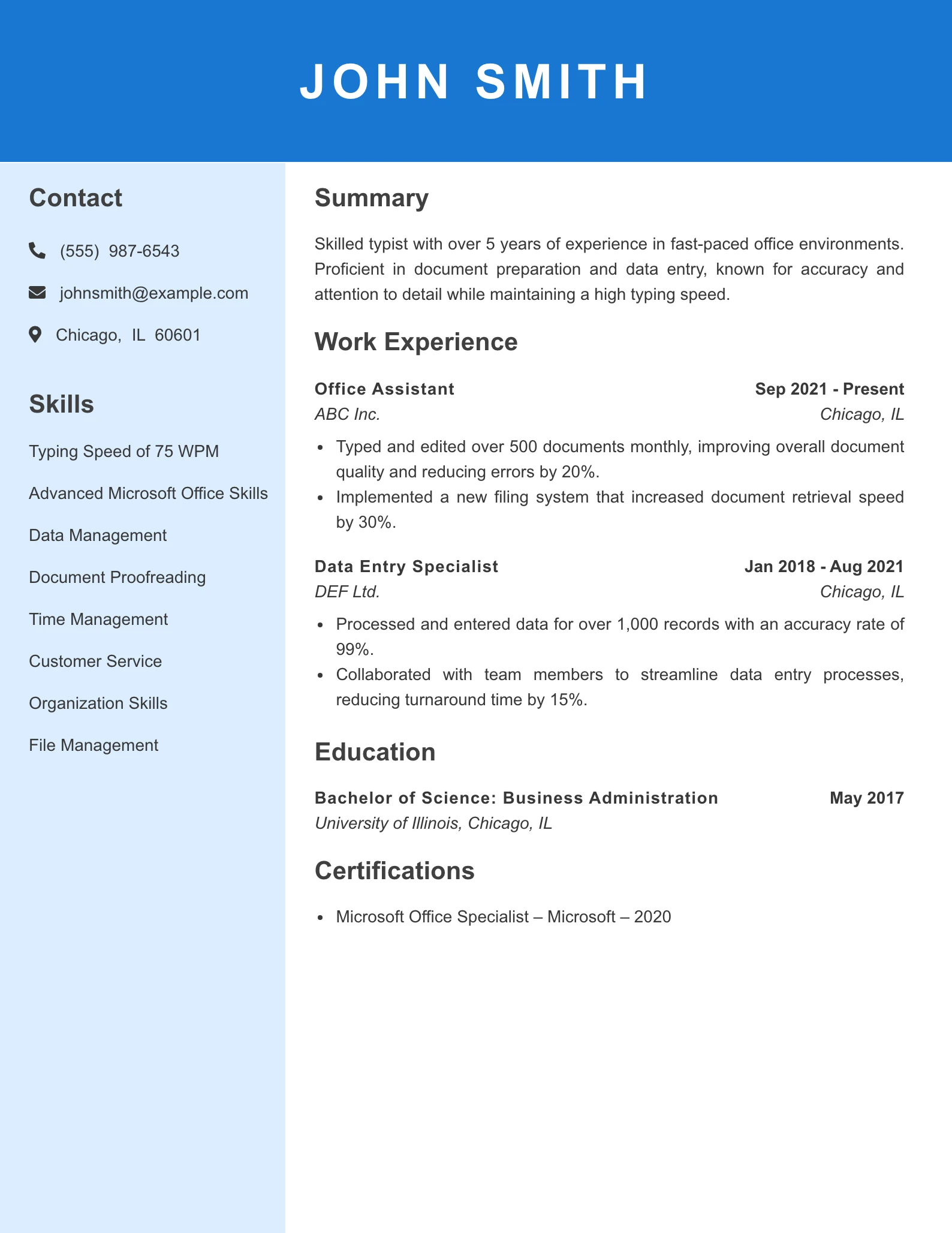 Mid Level Typist Resume Example