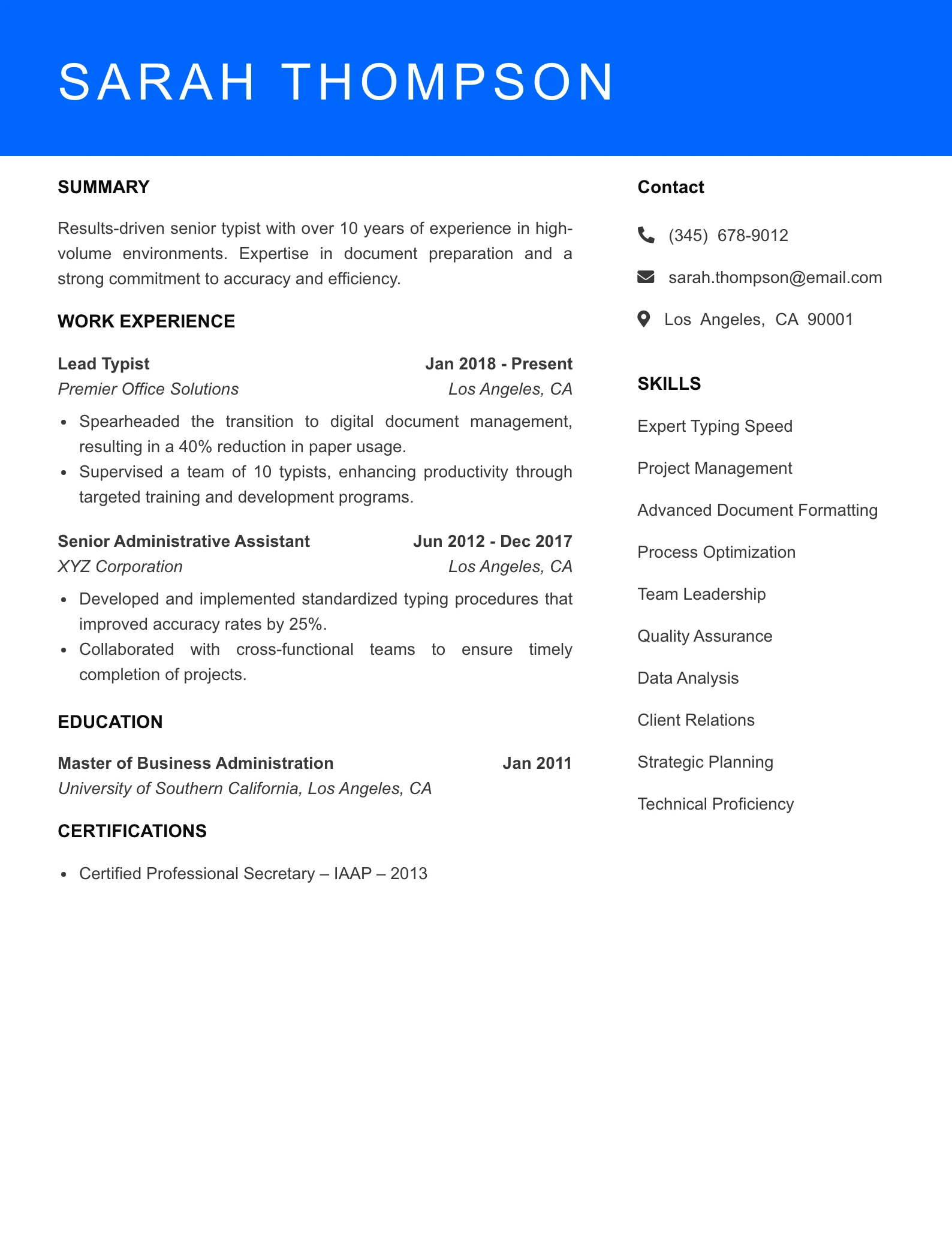 Senior Level Typist Resume Sample