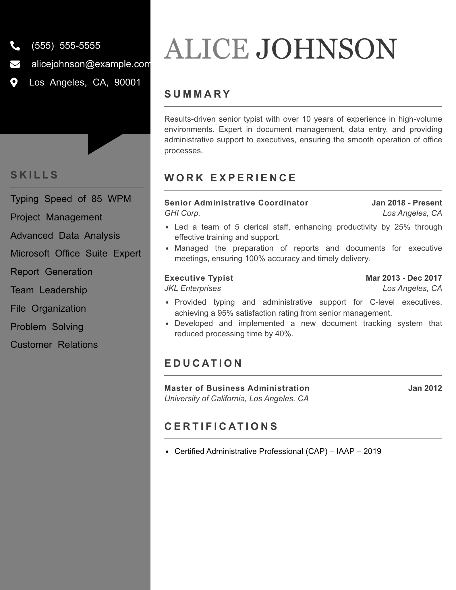 Senior Level Typist Resume Example