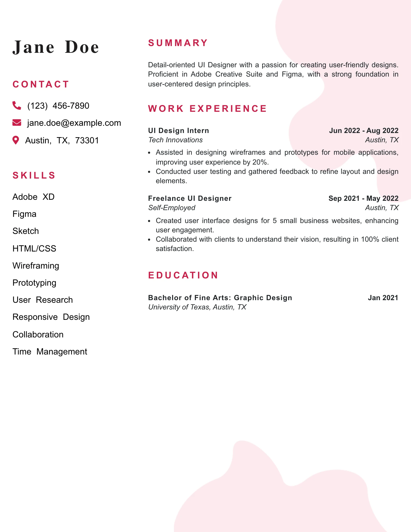 Entry Level UI Designer Resume Example