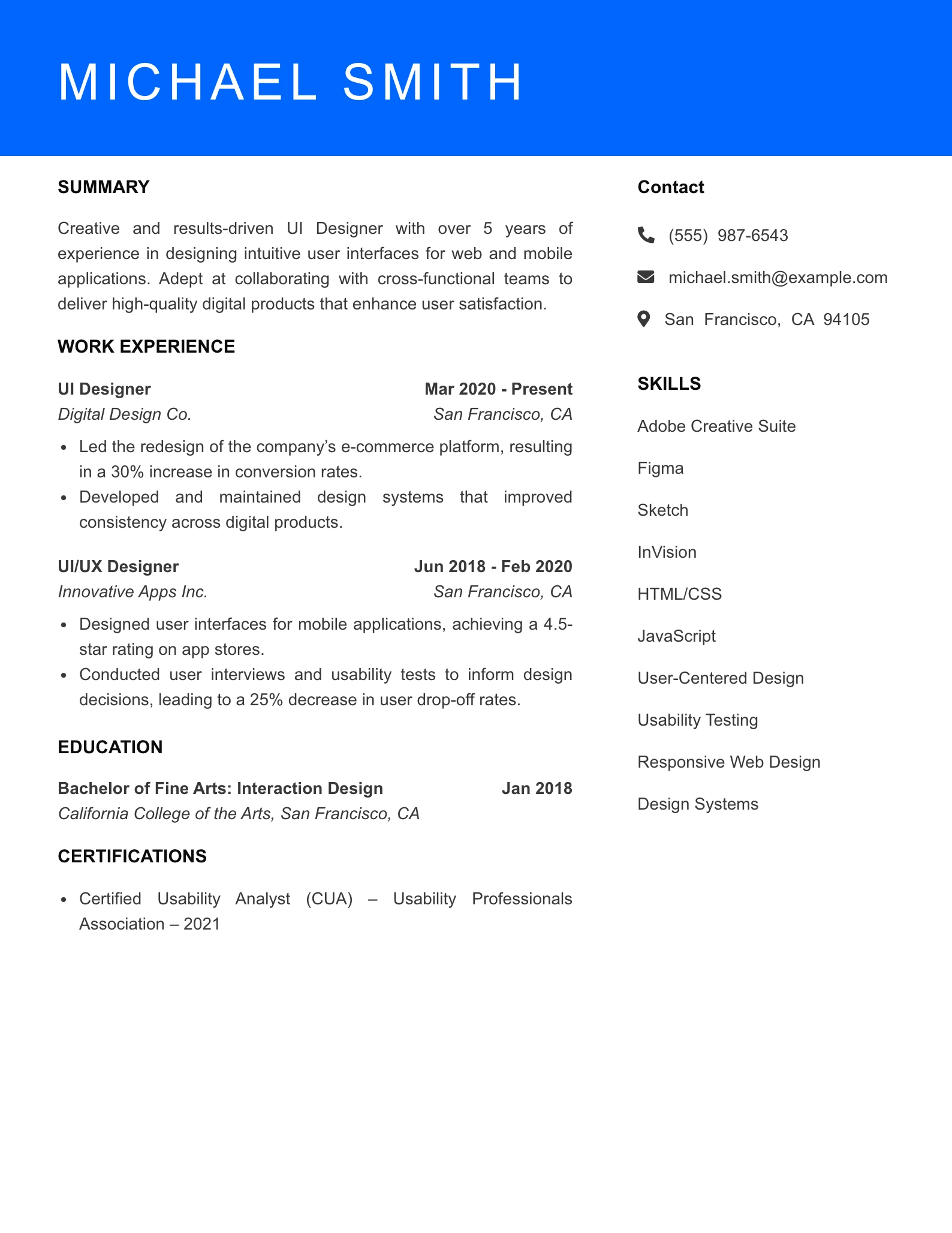Mid Level UI Designer Resume Sample