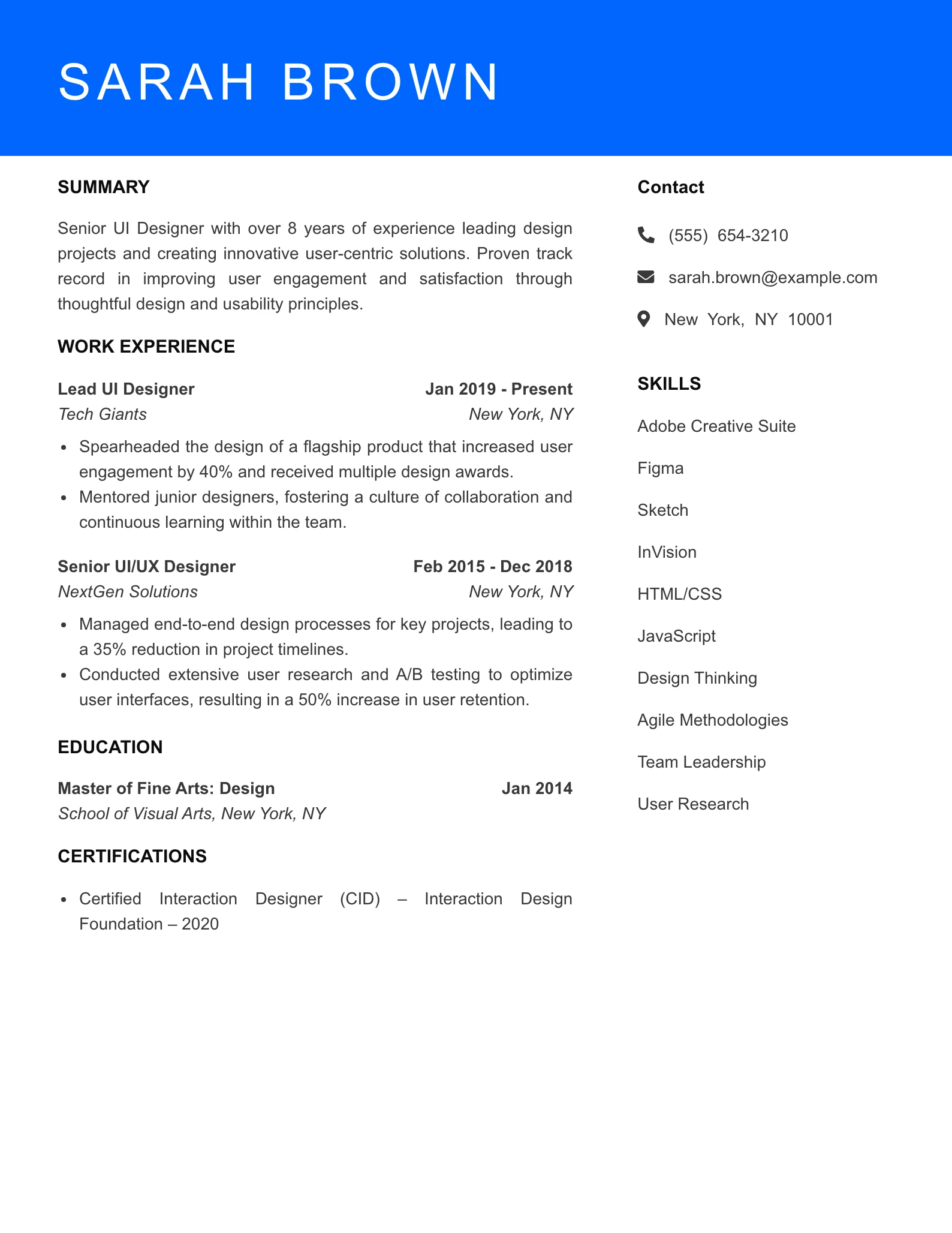 Senior Level UI Designer Resume Sample