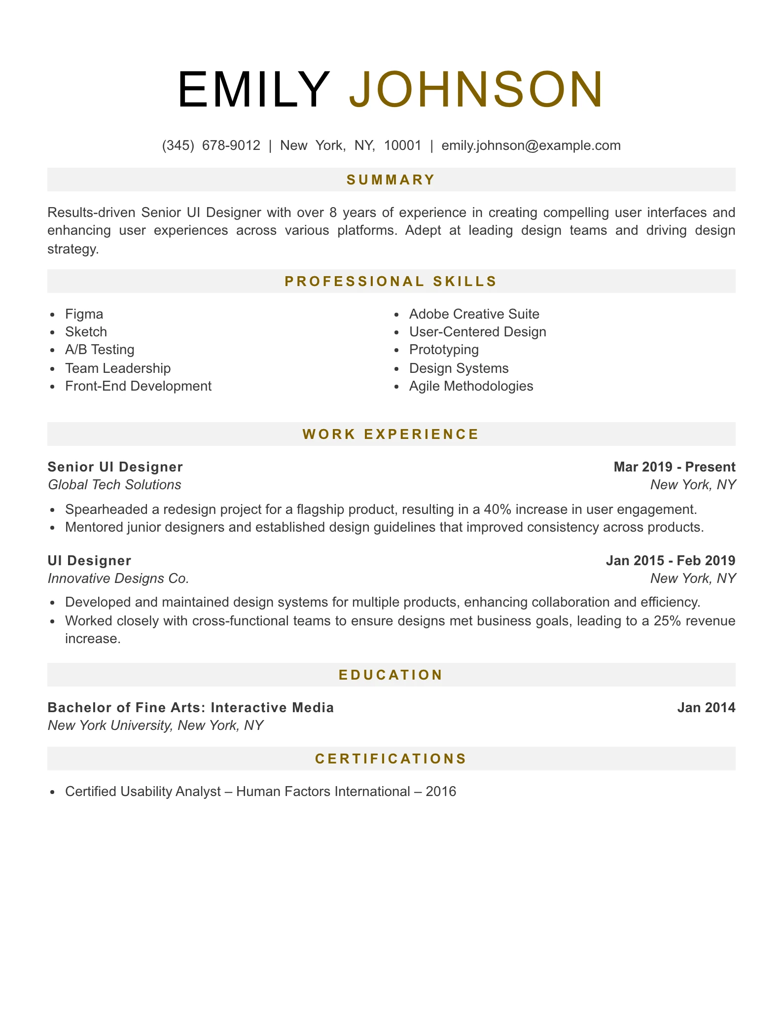 Senior Level UI Designer Resume Example