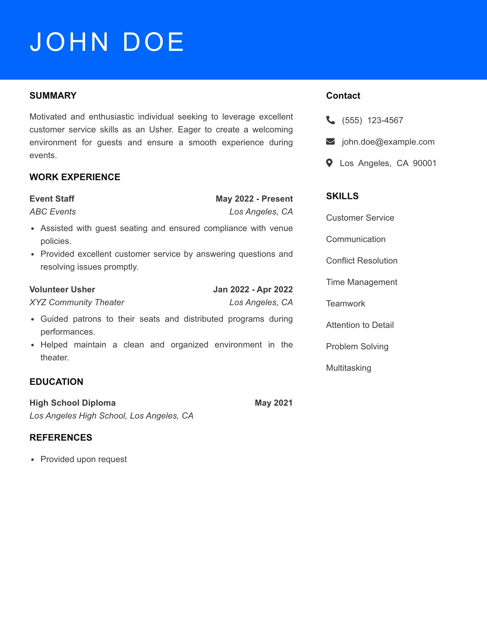 Selected Usher Resume