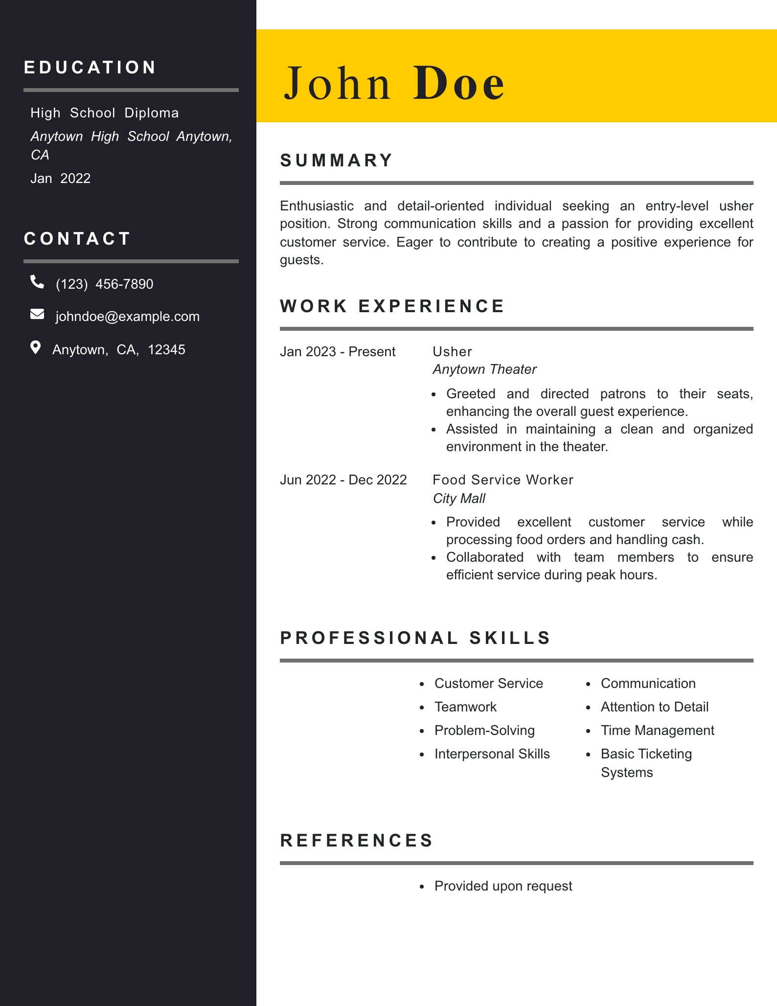 Entry Level Usher Resume Example