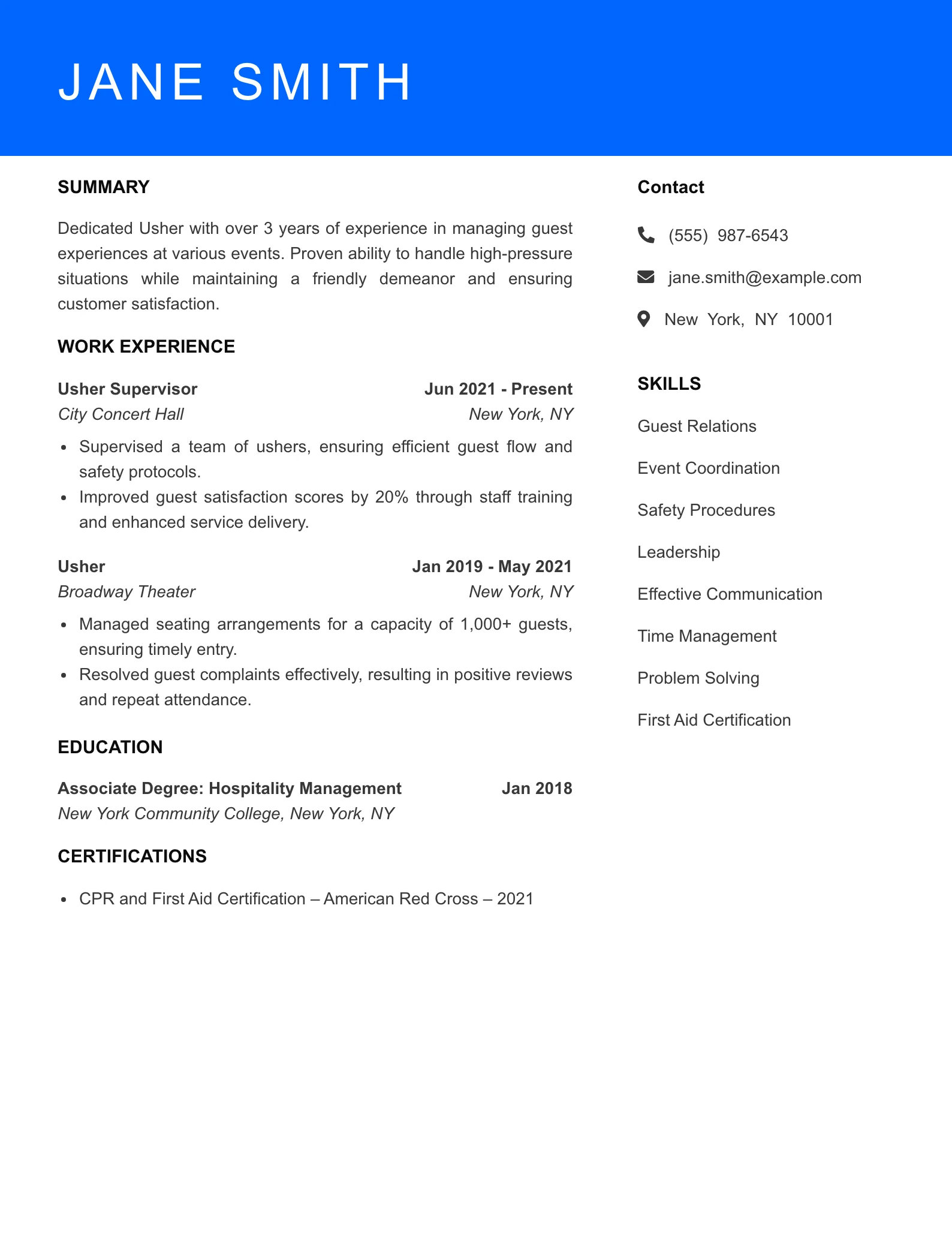 Mid Level Usher Resume Sample
