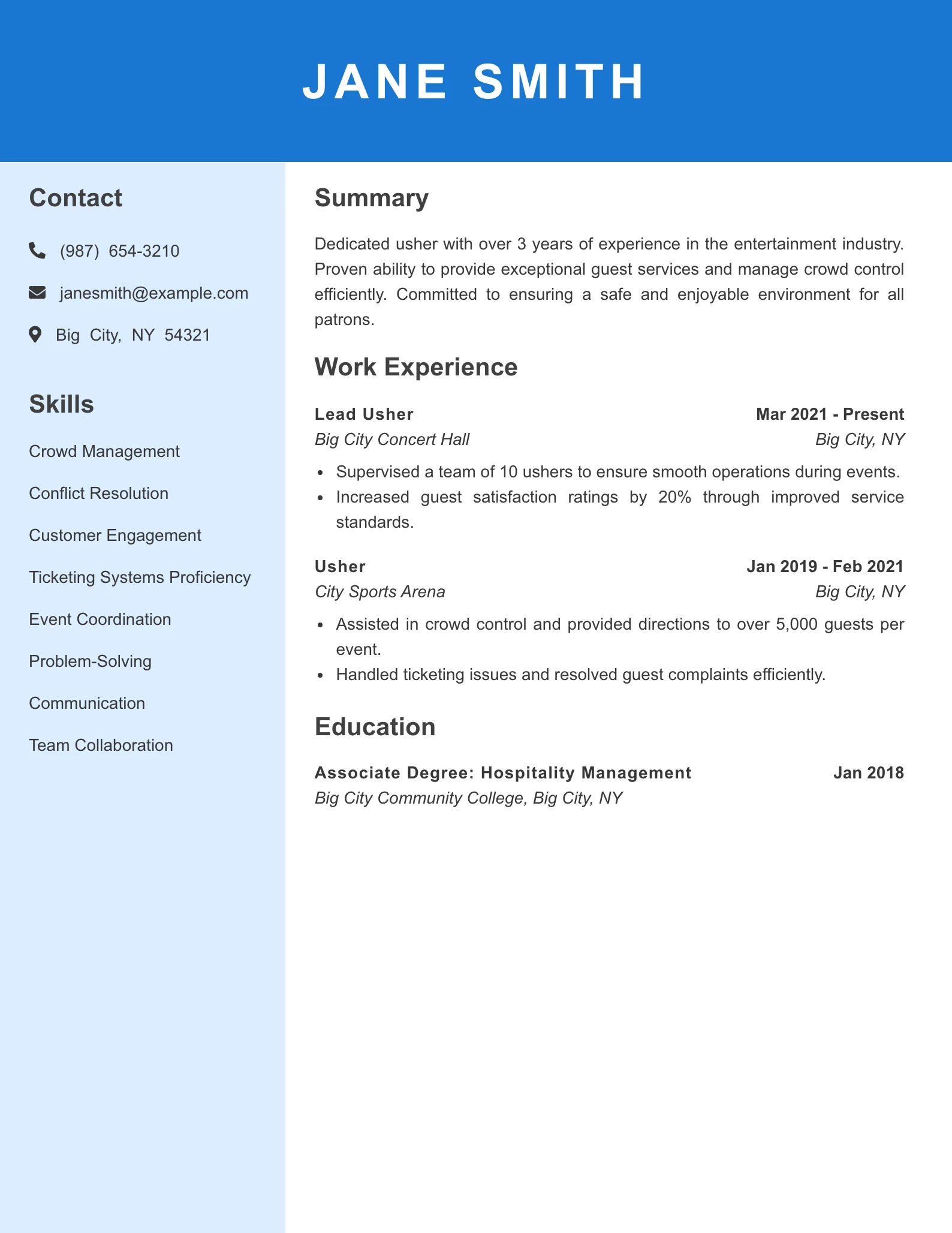 Mid Level Usher Resume Example