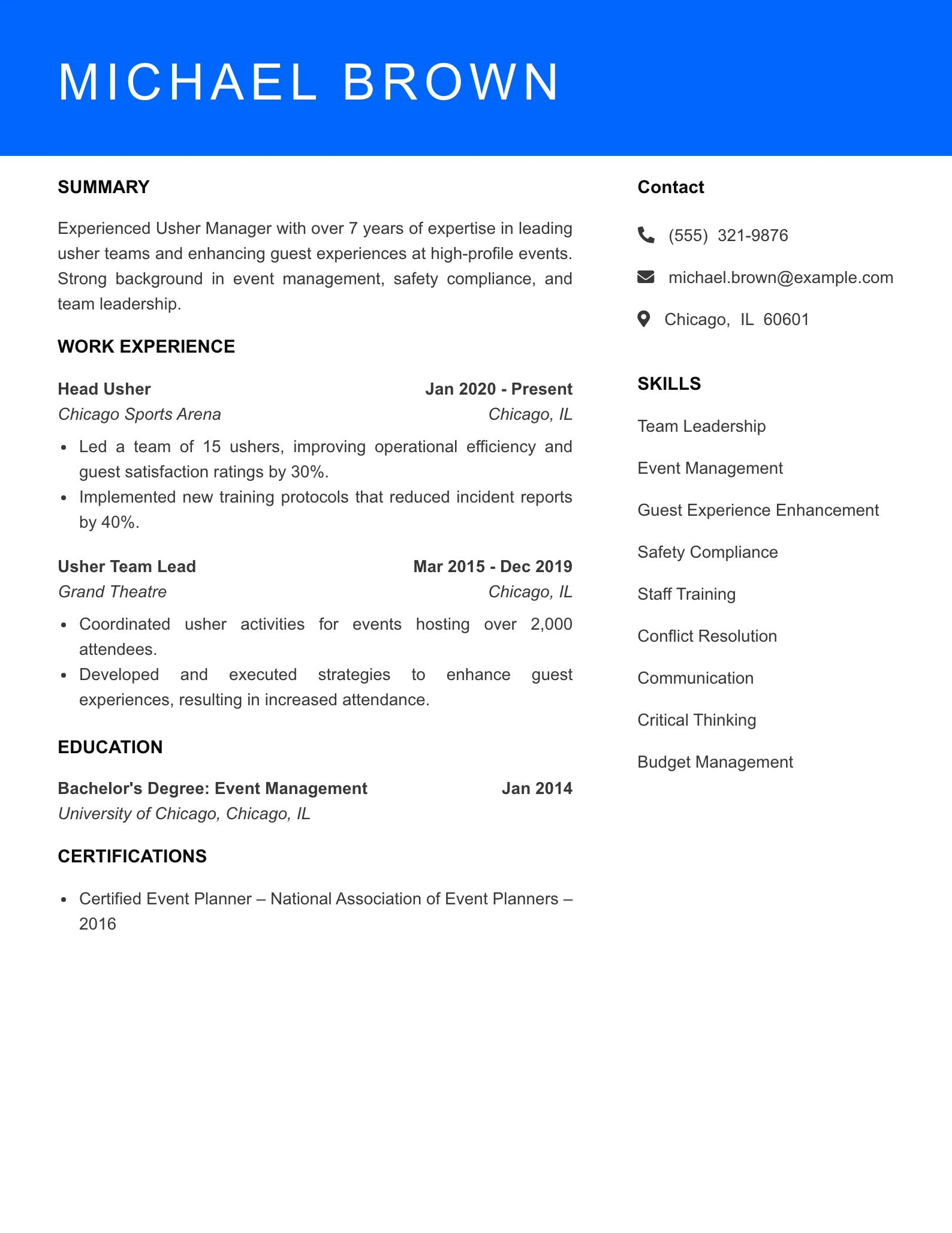 Senior Level Usher Resume Sample
