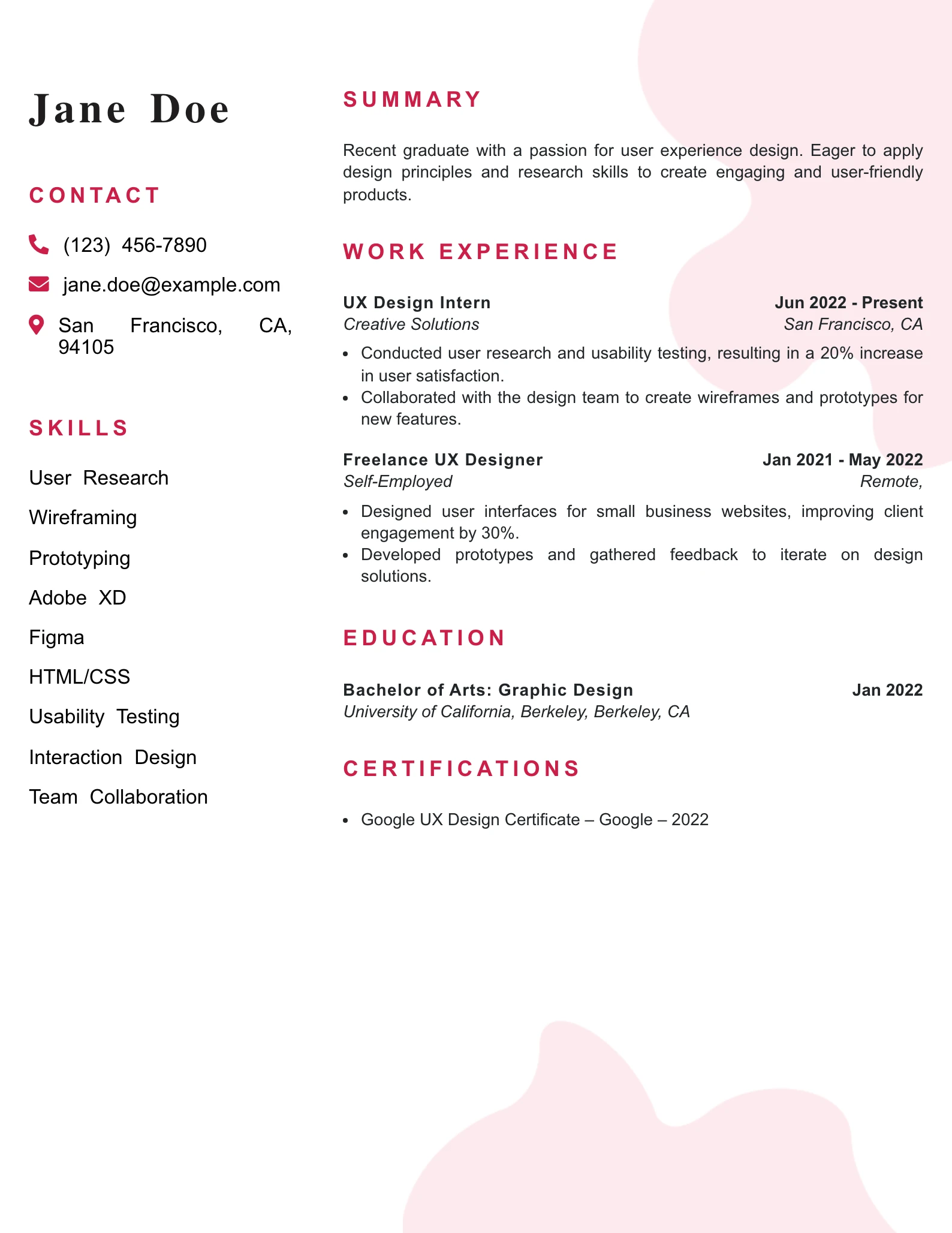 Entry Level UX Designer Resume Example