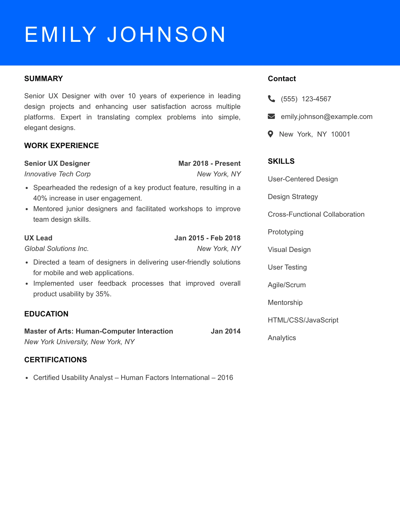 Senior Level UX Designer Resume Sample