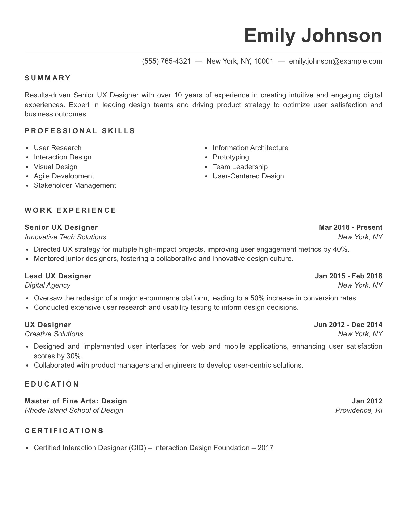 Senior Level UX Designer Resume Example