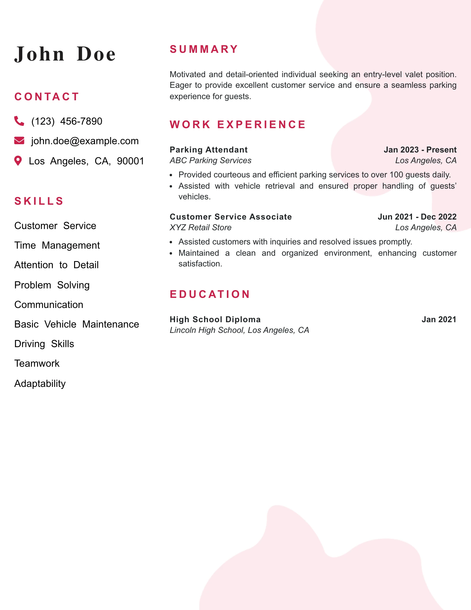 Entry Level Valet Resume Example