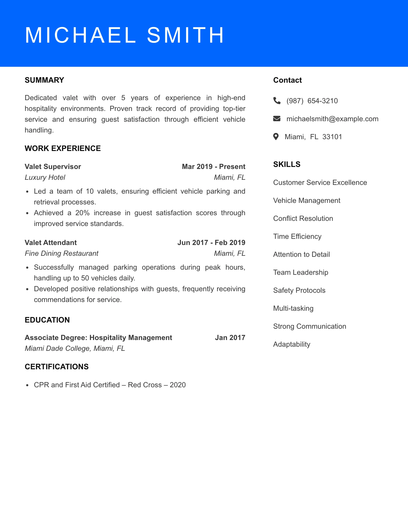 Mid Level Valet Resume Sample