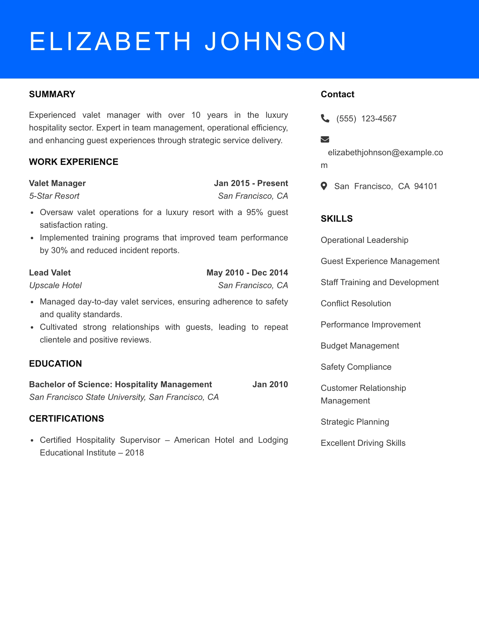 Senior Level Valet Resume Sample