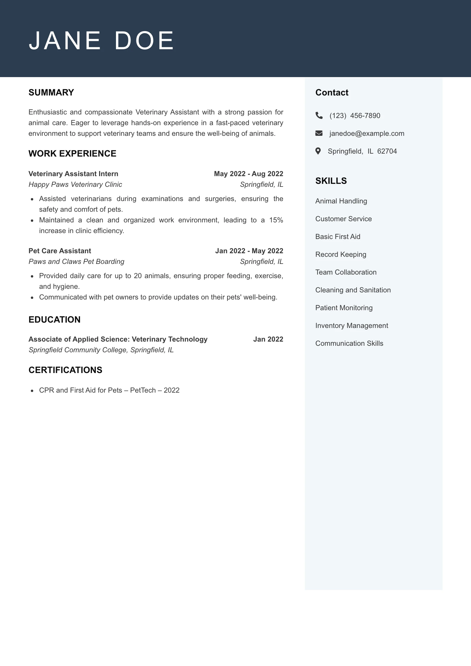 Entry Level Veterinary Assistant Resume Example