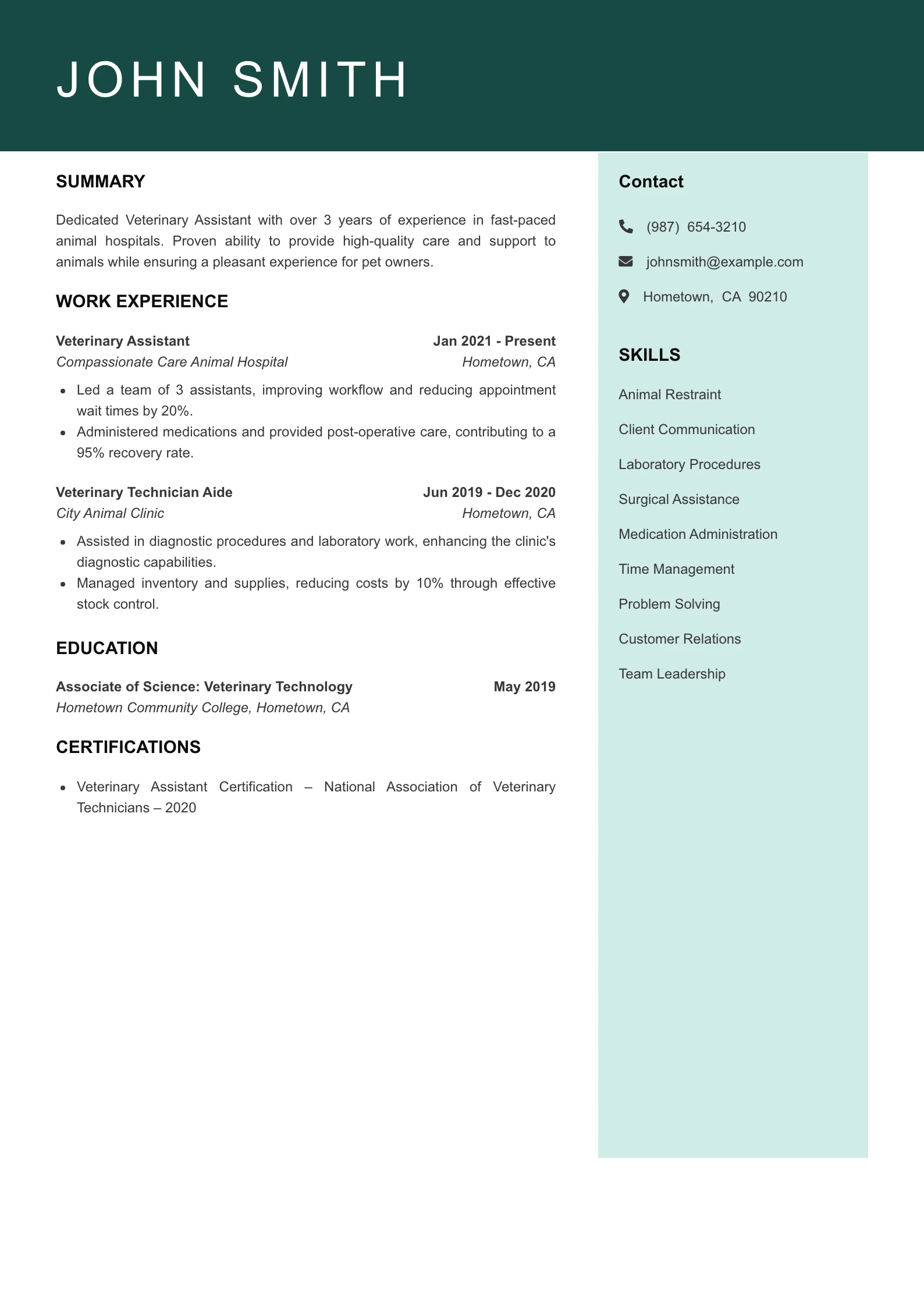 Mid Level Veterinary Assistant Resume Example