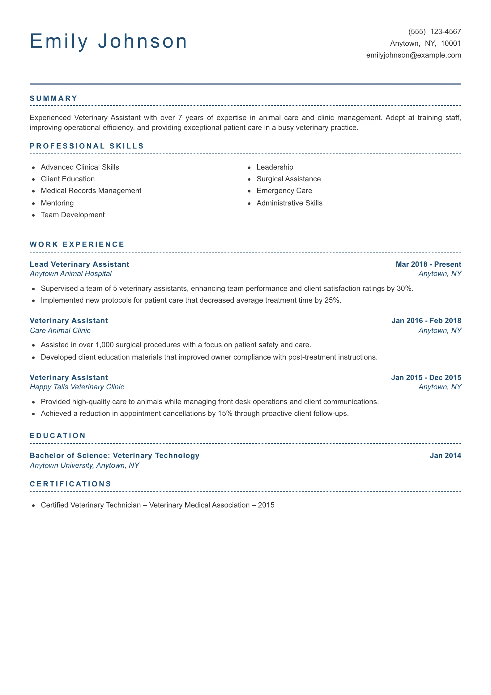 Senior Level Veterinary Assistant Resume Example