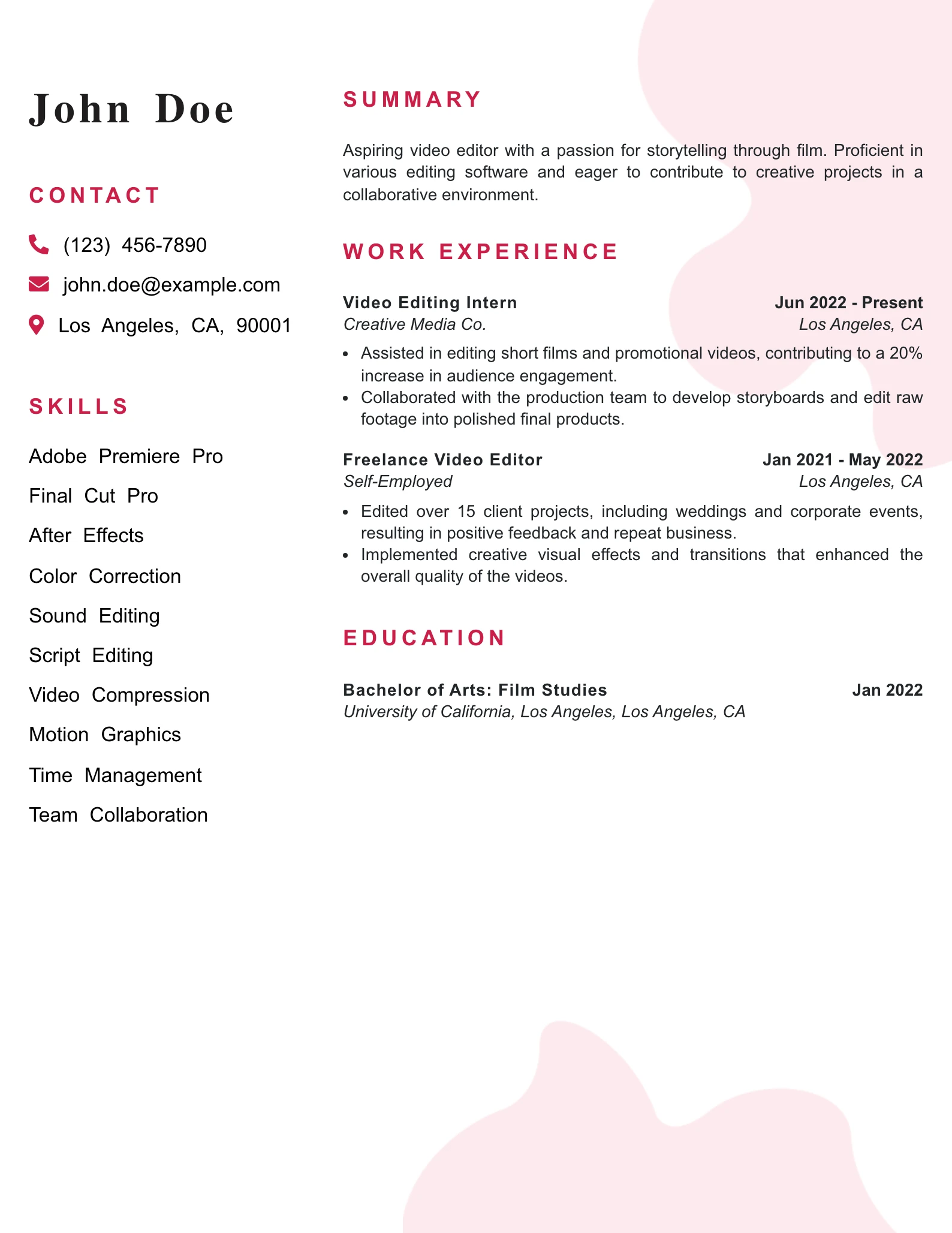 Entry Level Video Editor Resume Example